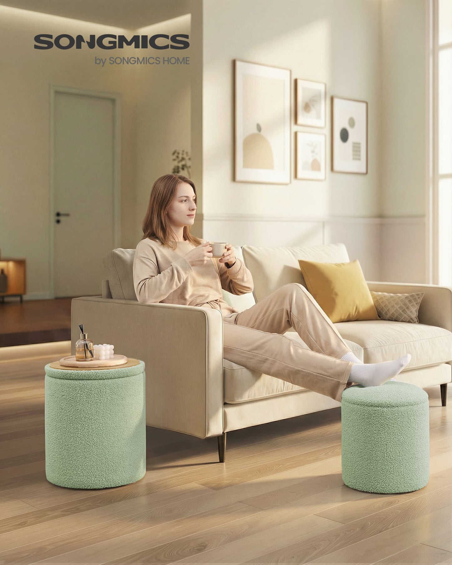 SONGMICS Set of Two Round Storage Stools – Laurel Green