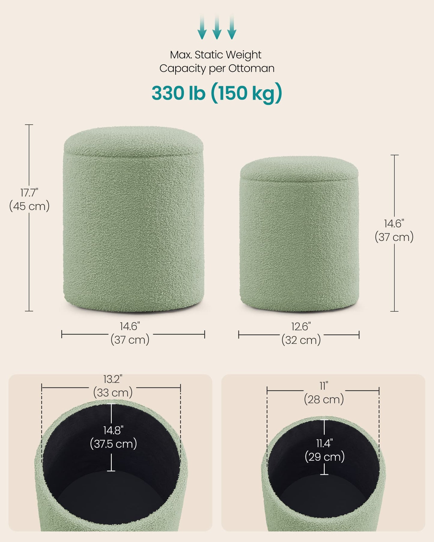SONGMICS Set of Two Round Storage Stools – Laurel Green