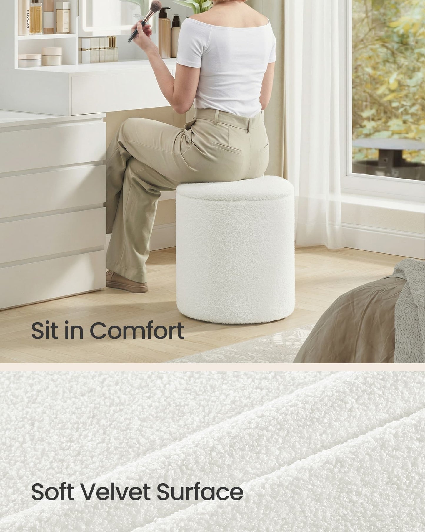 SONGMICS Set of Two Round Storage Stools – Cream White | ULOM013WD01