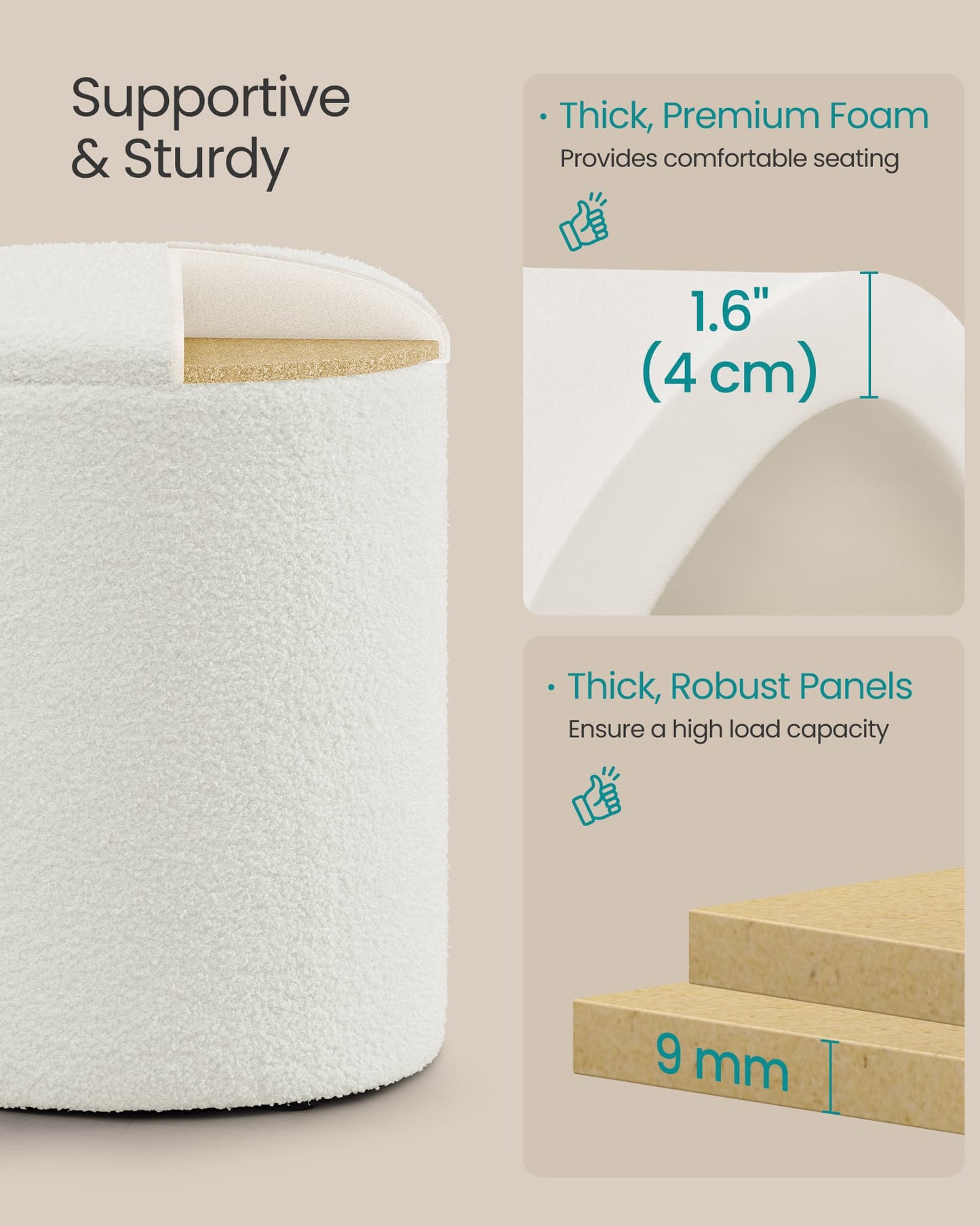 SONGMICS Set of Two Round Storage Stools – Cream White | ULOM013WD01