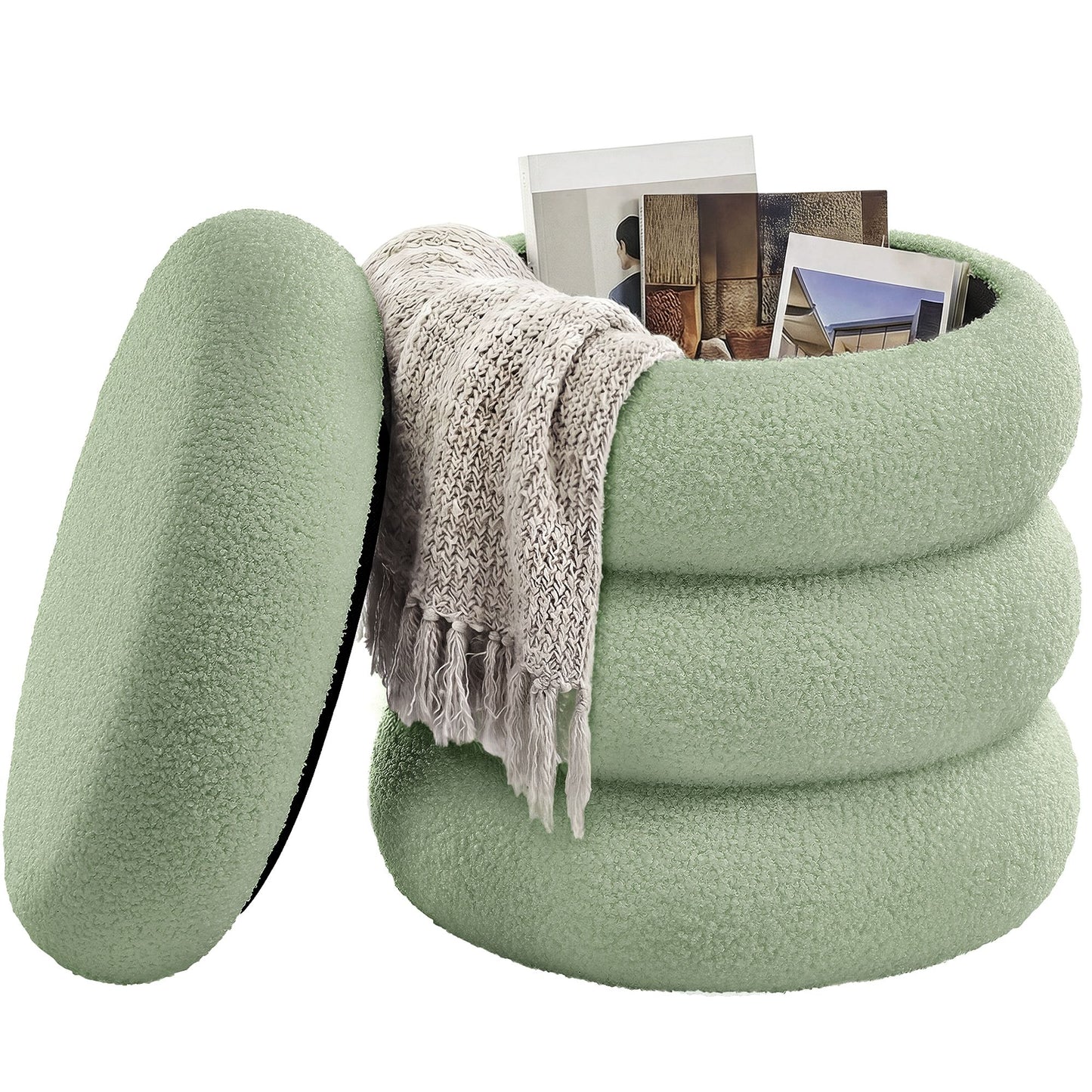 SONGMICS Round Storage Ottoman with Removable Lid Teddy Fleece Lime Green