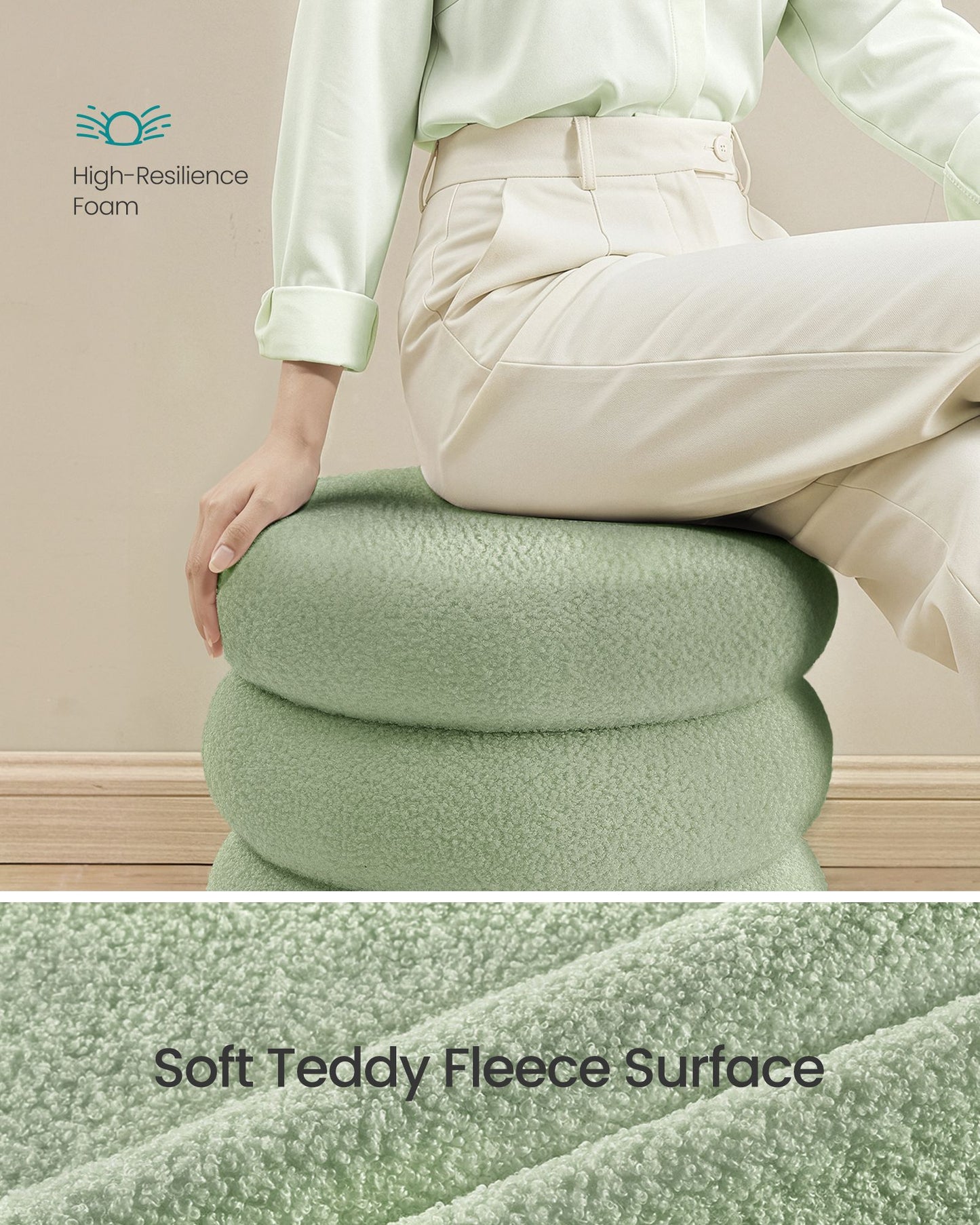 SONGMICS Round Storage Ottoman with Removable Lid Teddy Fleece Lime Green