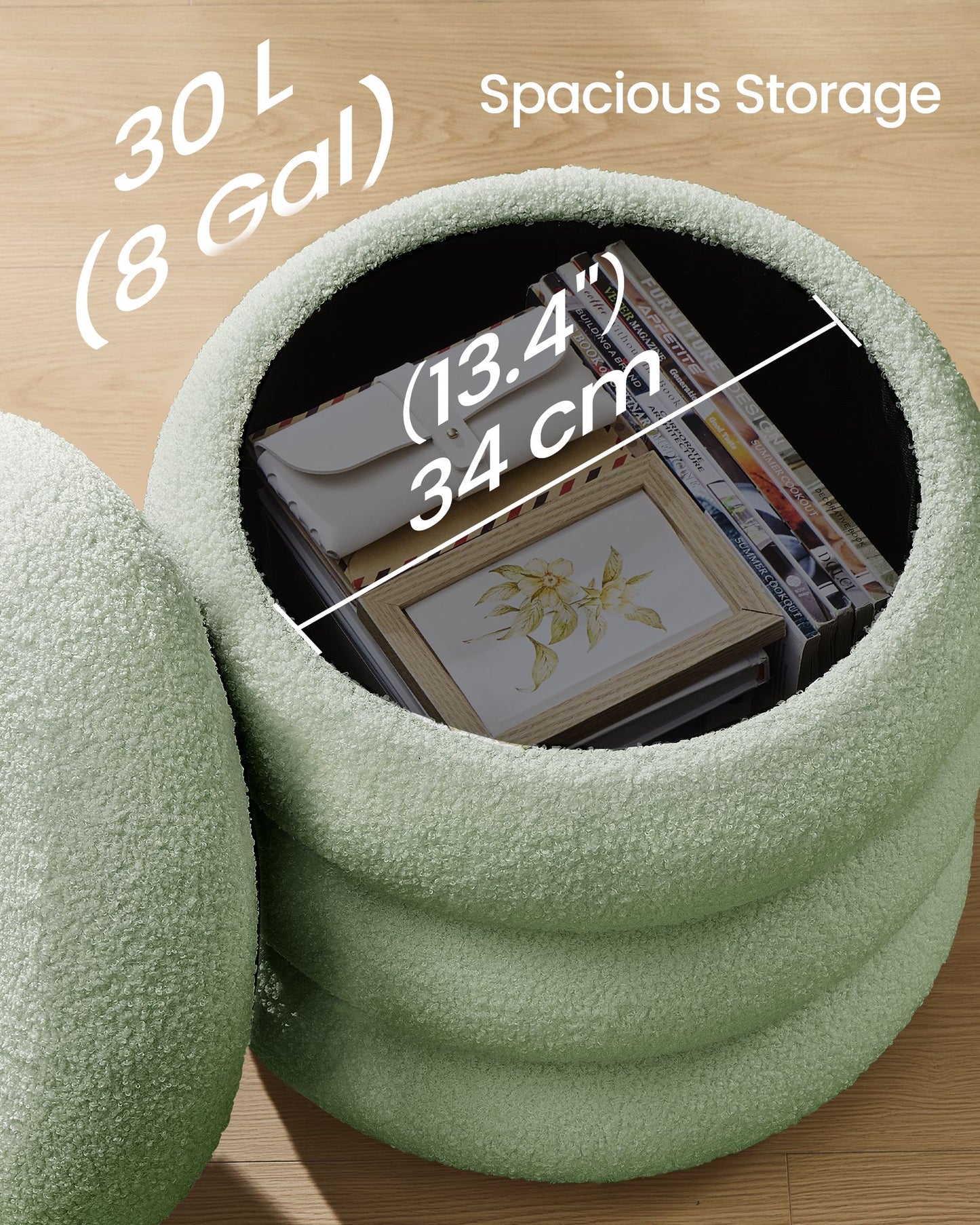 SONGMICS Round Storage Ottoman with Removable Lid Teddy Fleece Lime Green