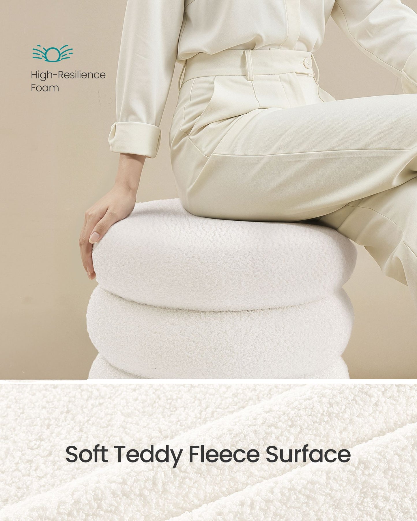 SONGMICS Round Storage Ottoman with Removable Lid Teddy Fleece Cappuccino White