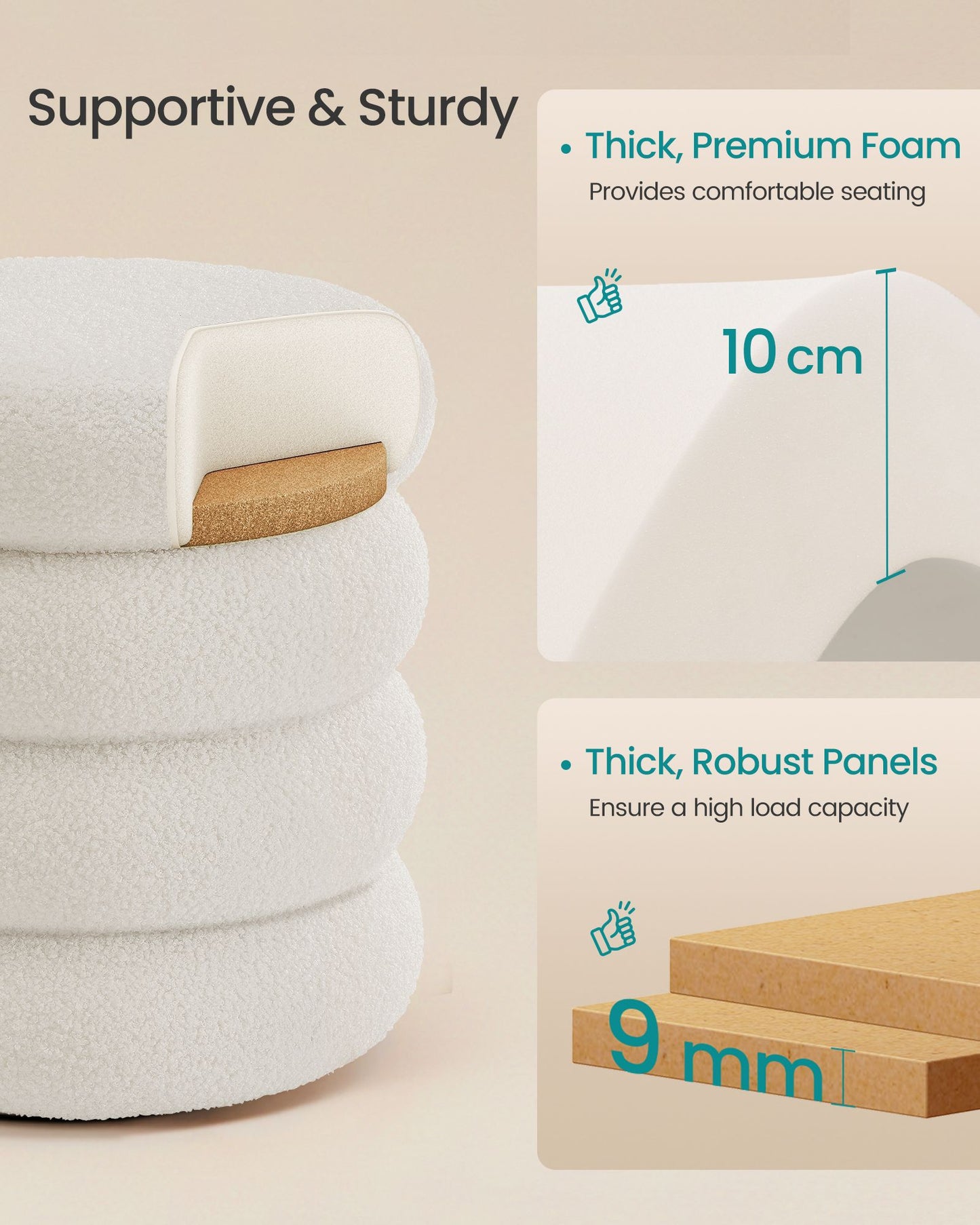 SONGMICS Round Storage Ottoman with Removable Lid Teddy Fleece Cappuccino White