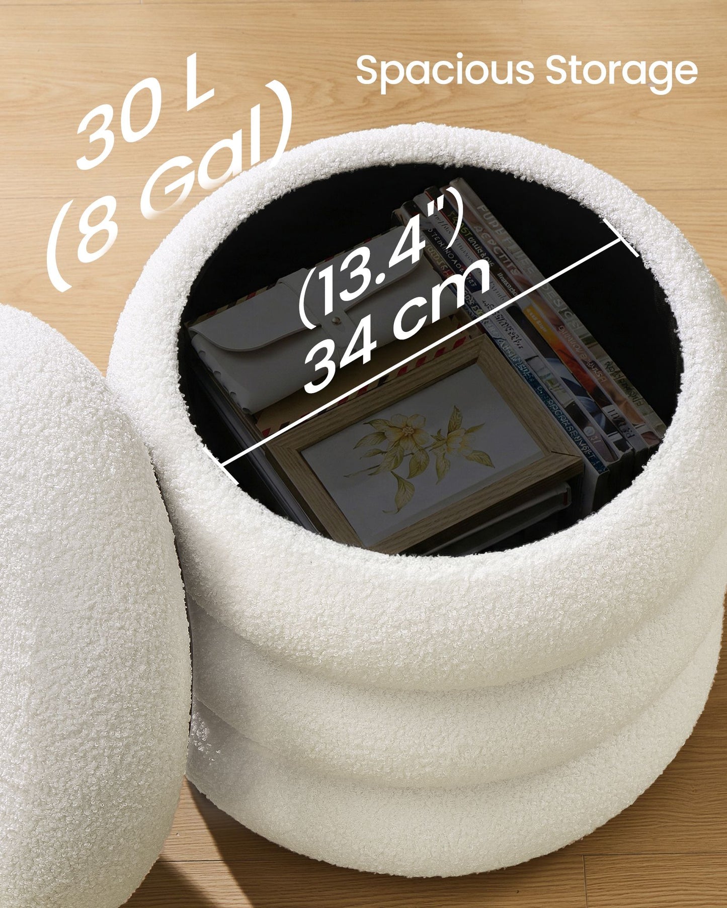 SONGMICS Round Storage Ottoman with Removable Lid Teddy Fleece Cappuccino White