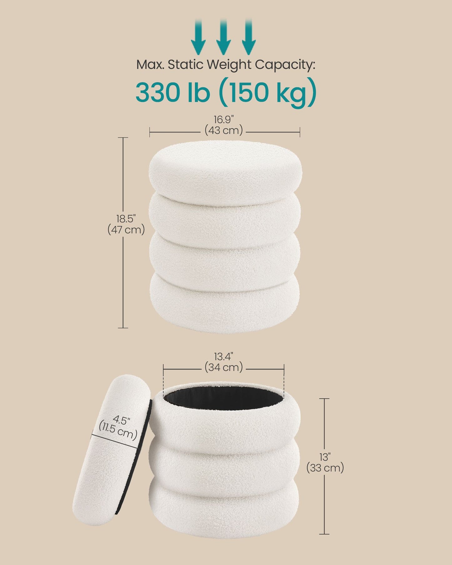 SONGMICS Round Storage Ottoman with Removable Lid Teddy Fleece Cappuccino White