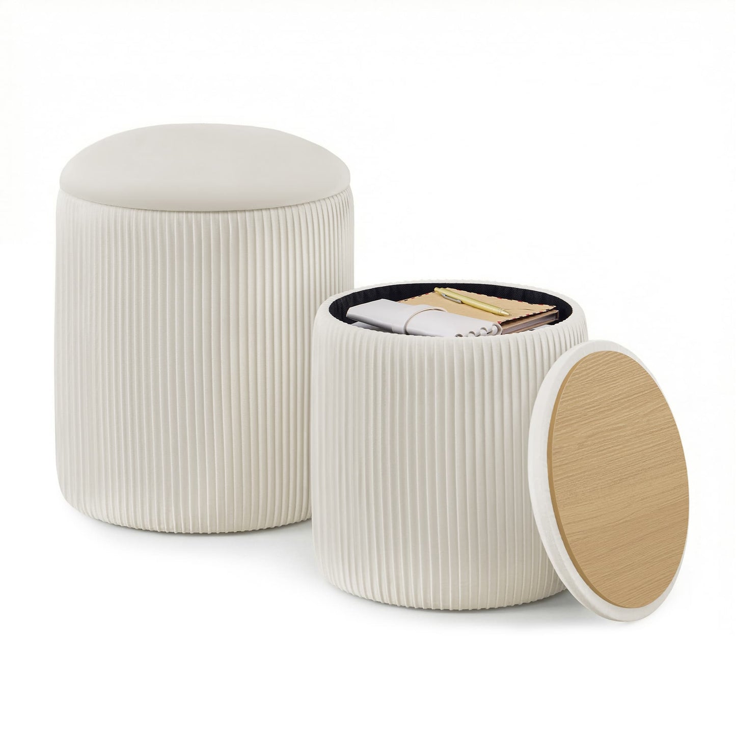SONGMICS Set of Two Round Storage Stools – Cream White | ULOM017WD01