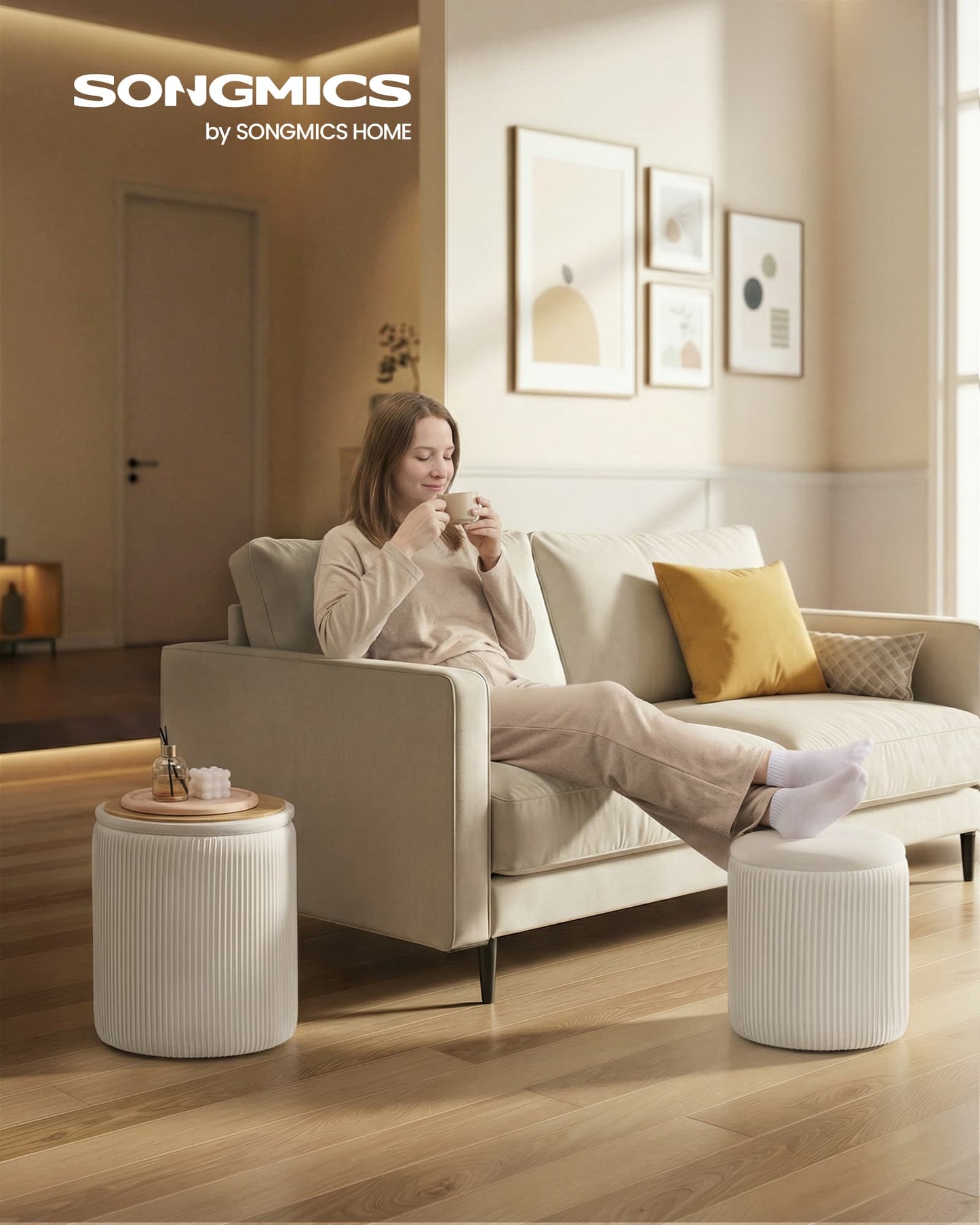 SONGMICS Set of Two Round Storage Stools – Cream White | ULOM017WD01