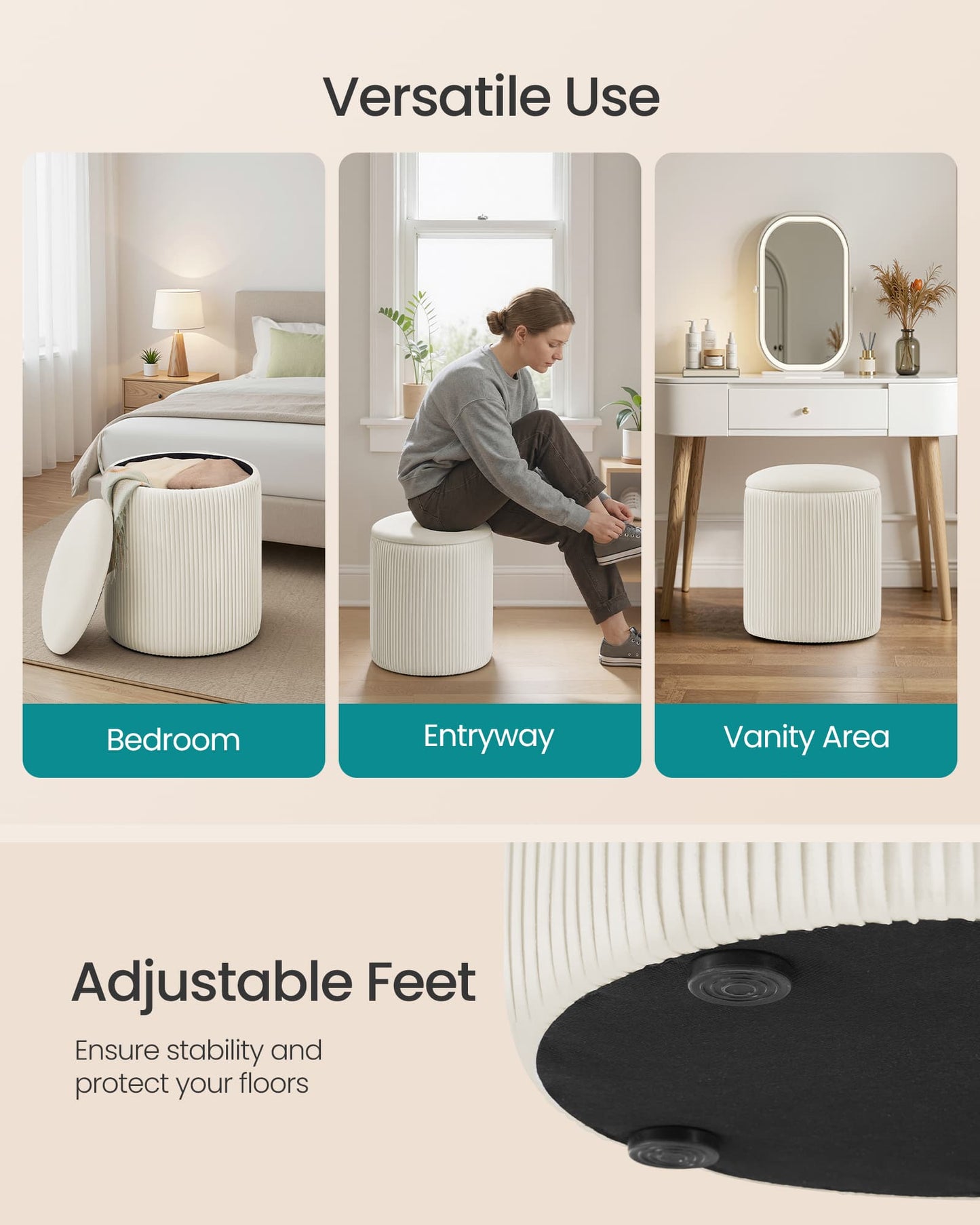 SONGMICS Set of Two Round Storage Stools – Cream White | ULOM017WD01