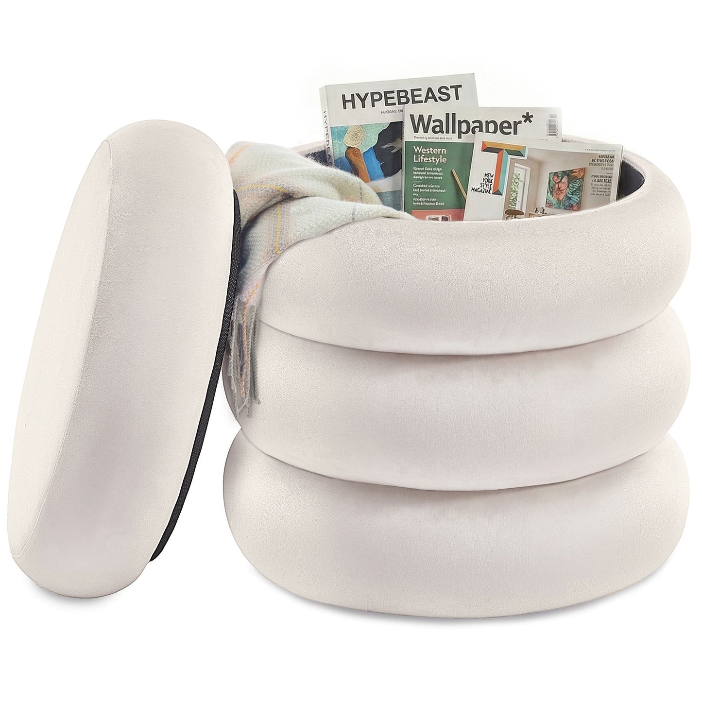 SONGMICS Round Storage Ottoman with Removable Lid Velvet Cappuccino – Cream White