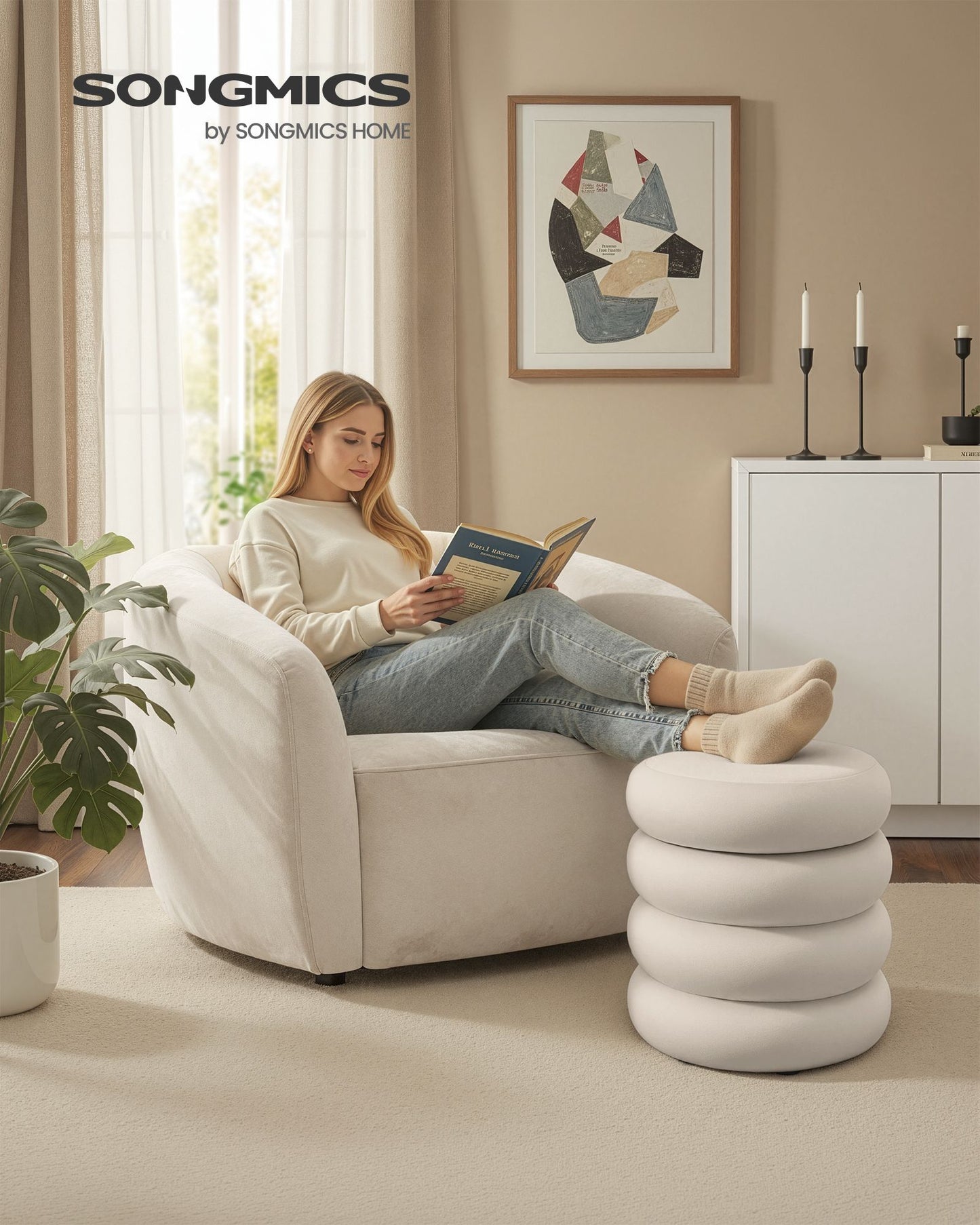 SONGMICS Round Storage Ottoman with Removable Lid Velvet Cappuccino – Cream White
