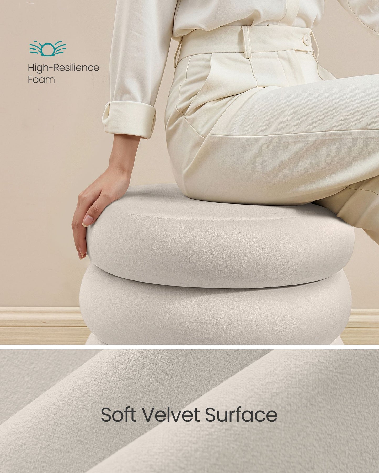 SONGMICS Round Storage Ottoman with Removable Lid Velvet Cappuccino – Cream White