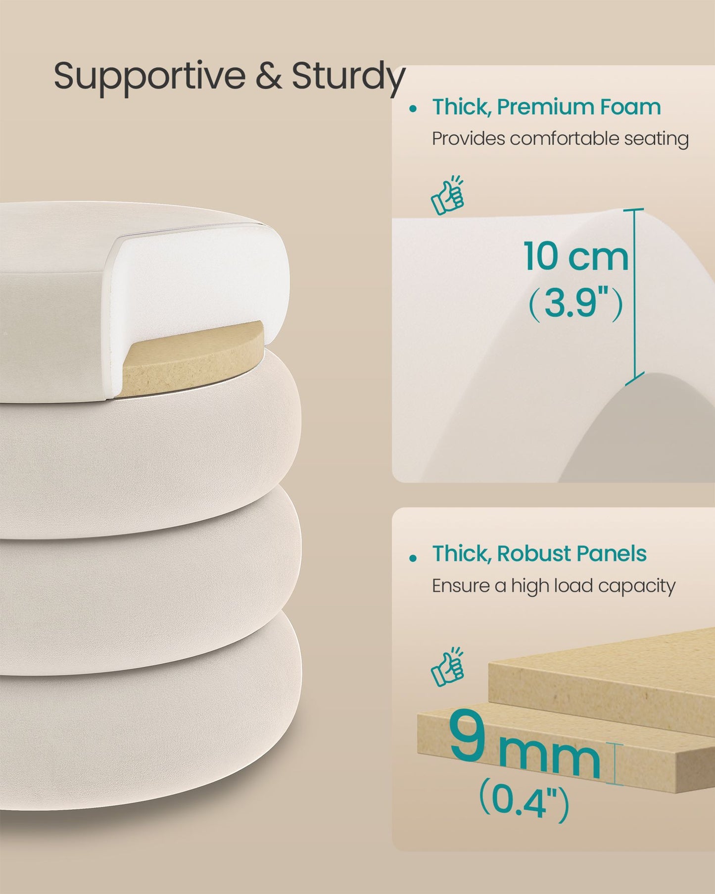 SONGMICS Round Storage Ottoman with Removable Lid Velvet Cappuccino – Cream White