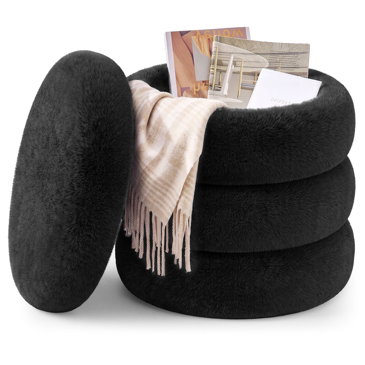 SONGMICS Round Storage Ottoman with Removable Lid Plush Fabric Black