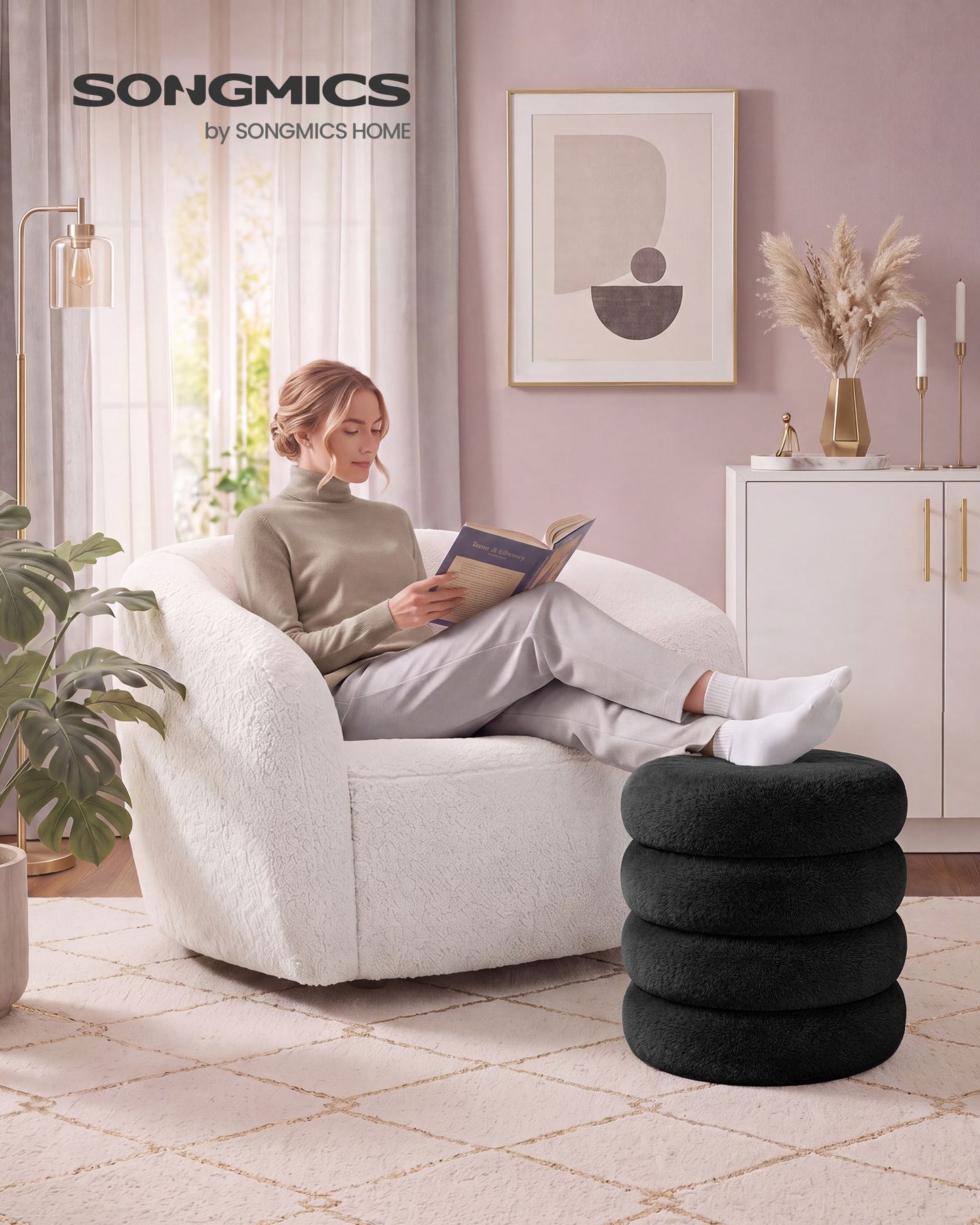 SONGMICS Round Storage Ottoman with Removable Lid Plush Fabric Black