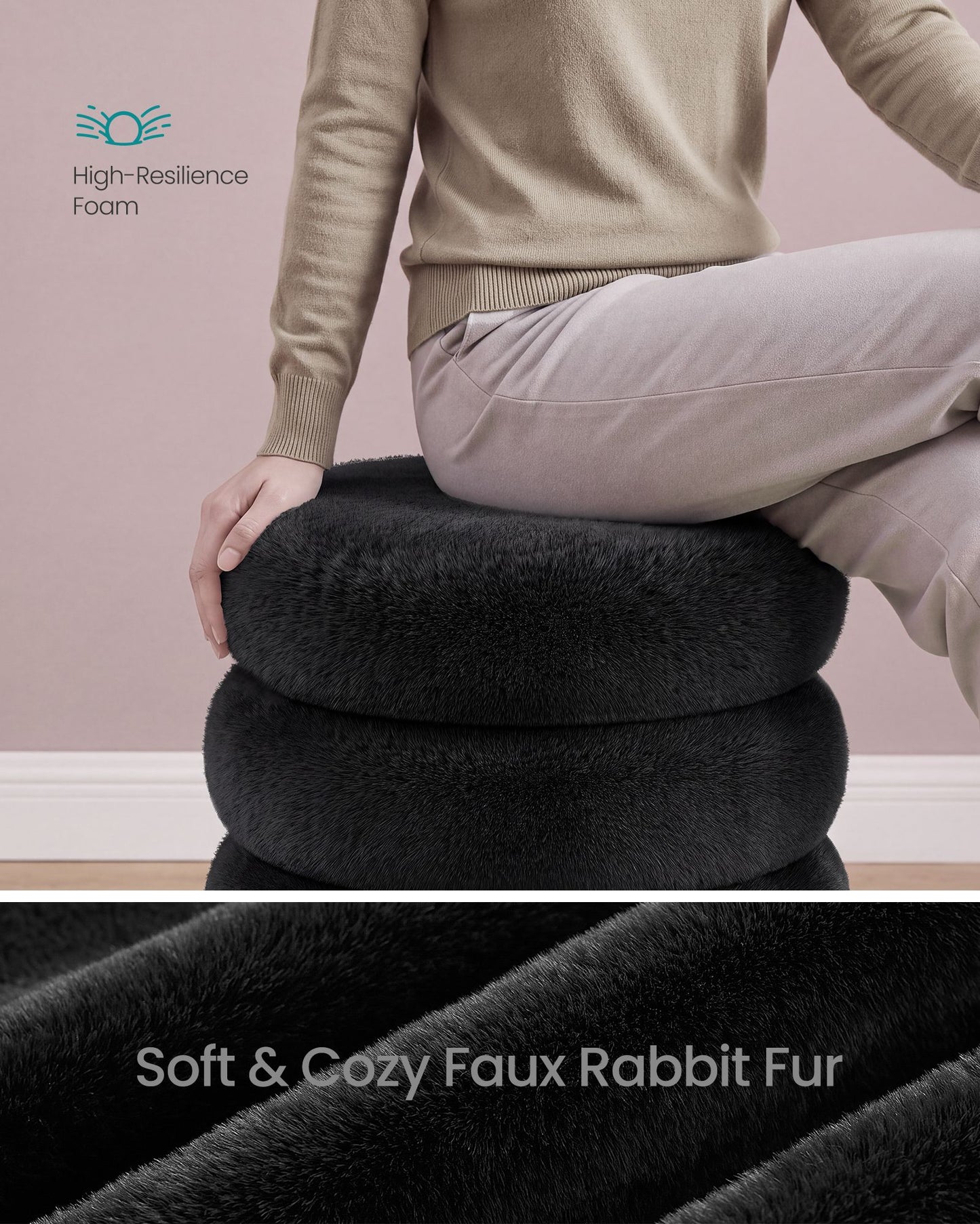 SONGMICS Round Storage Ottoman with Removable Lid Plush Fabric Black