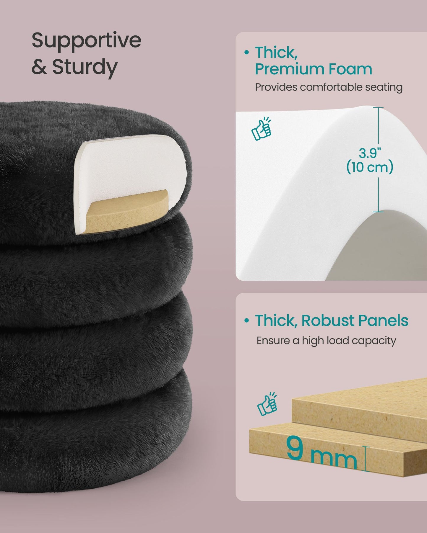 SONGMICS Round Storage Ottoman with Removable Lid Plush Fabric Black
