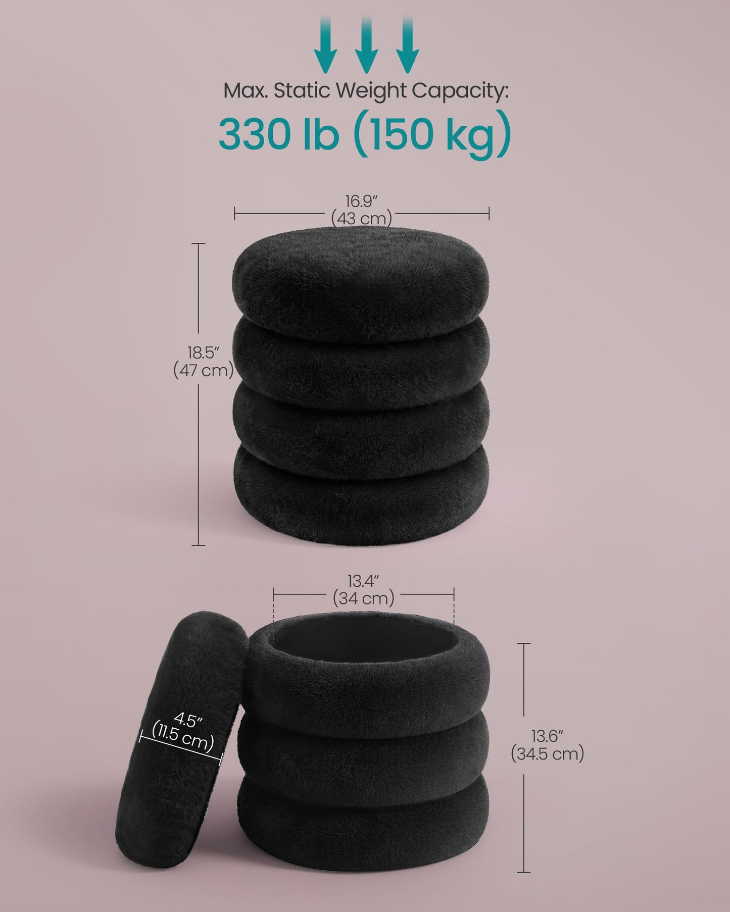 SONGMICS Round Storage Ottoman with Removable Lid Plush Fabric Black