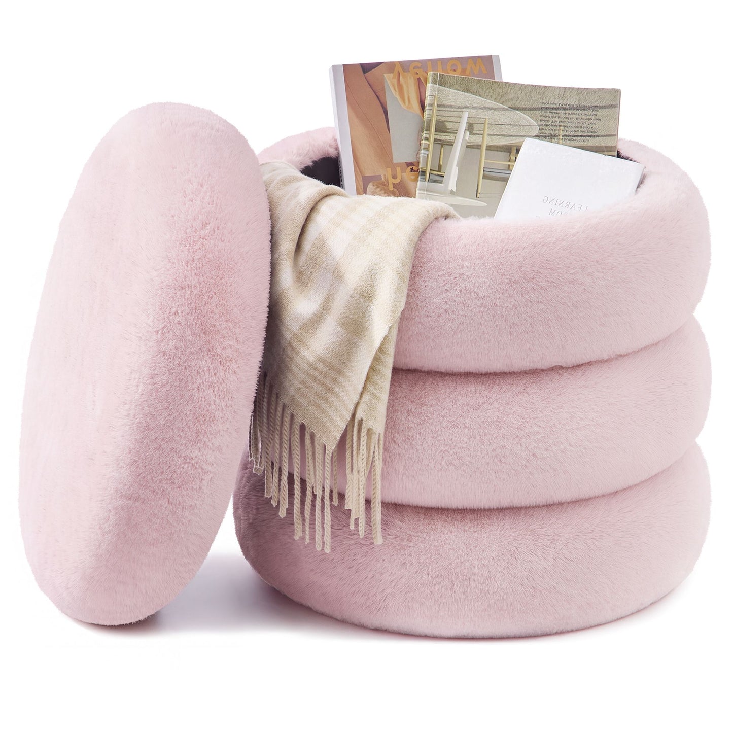 SONGMICS Round Storage Ottoman with Removable Lid Plush Fabric Pink