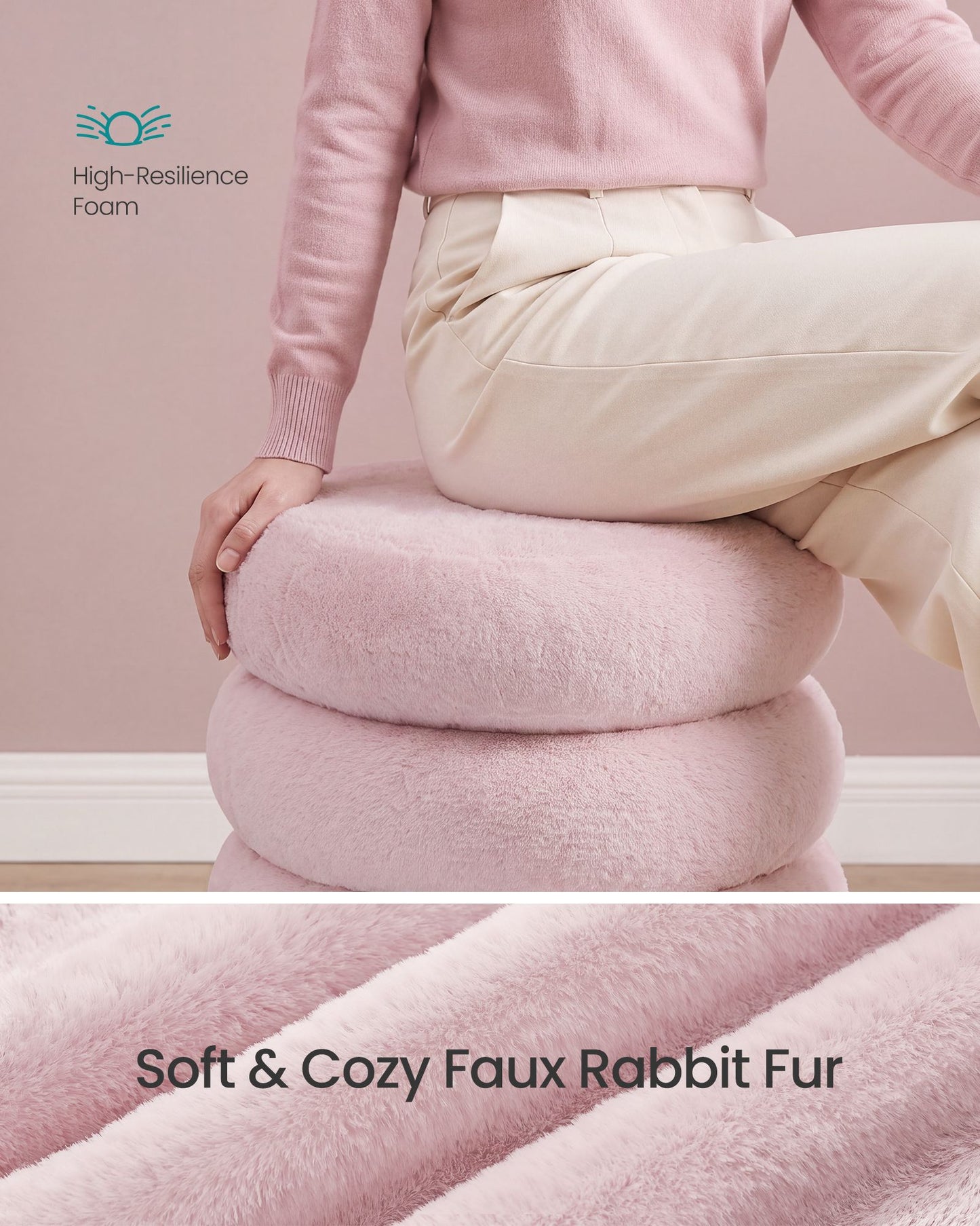 SONGMICS Round Storage Ottoman with Removable Lid Plush Fabric Pink