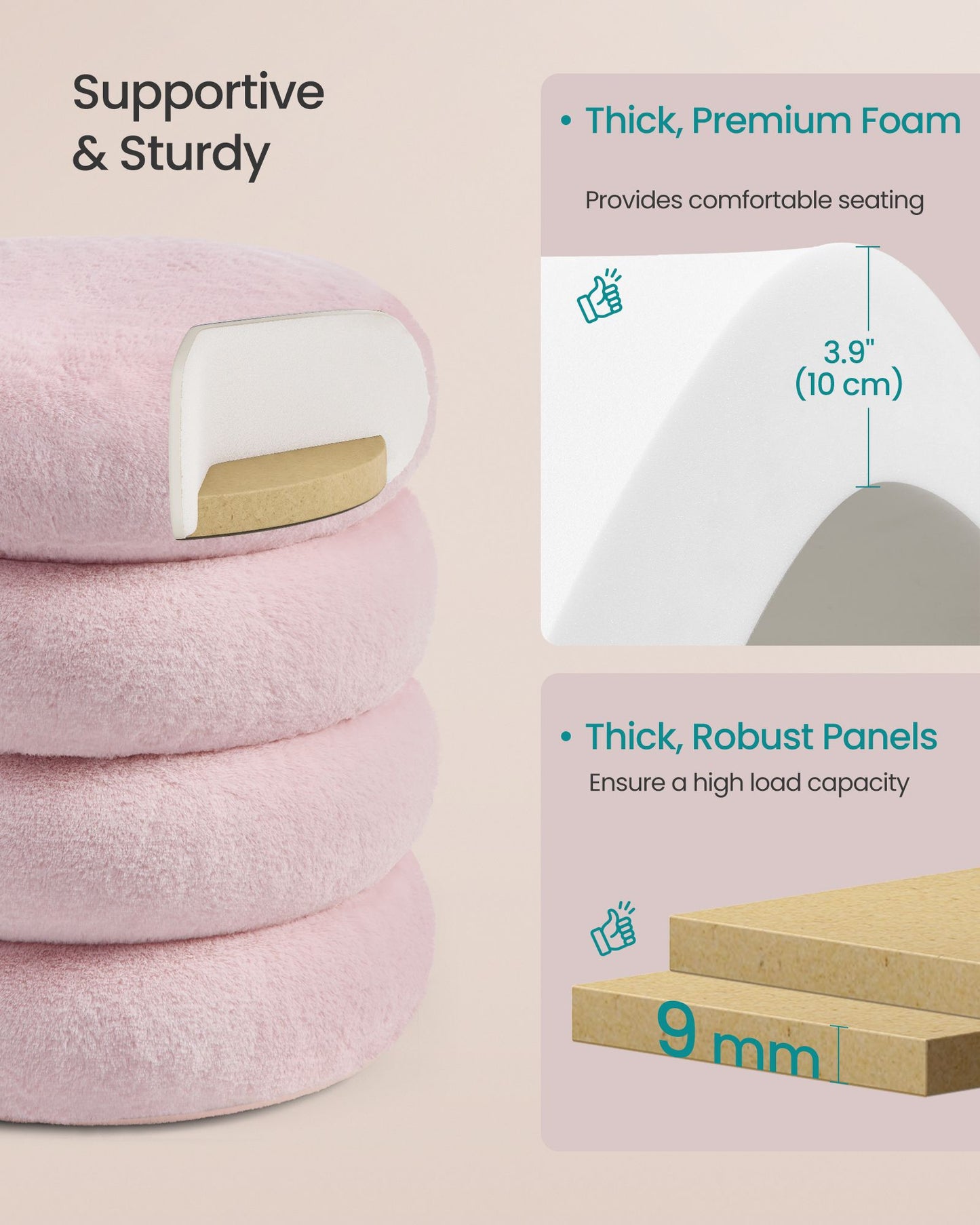 SONGMICS Round Storage Ottoman with Removable Lid Plush Fabric Pink
