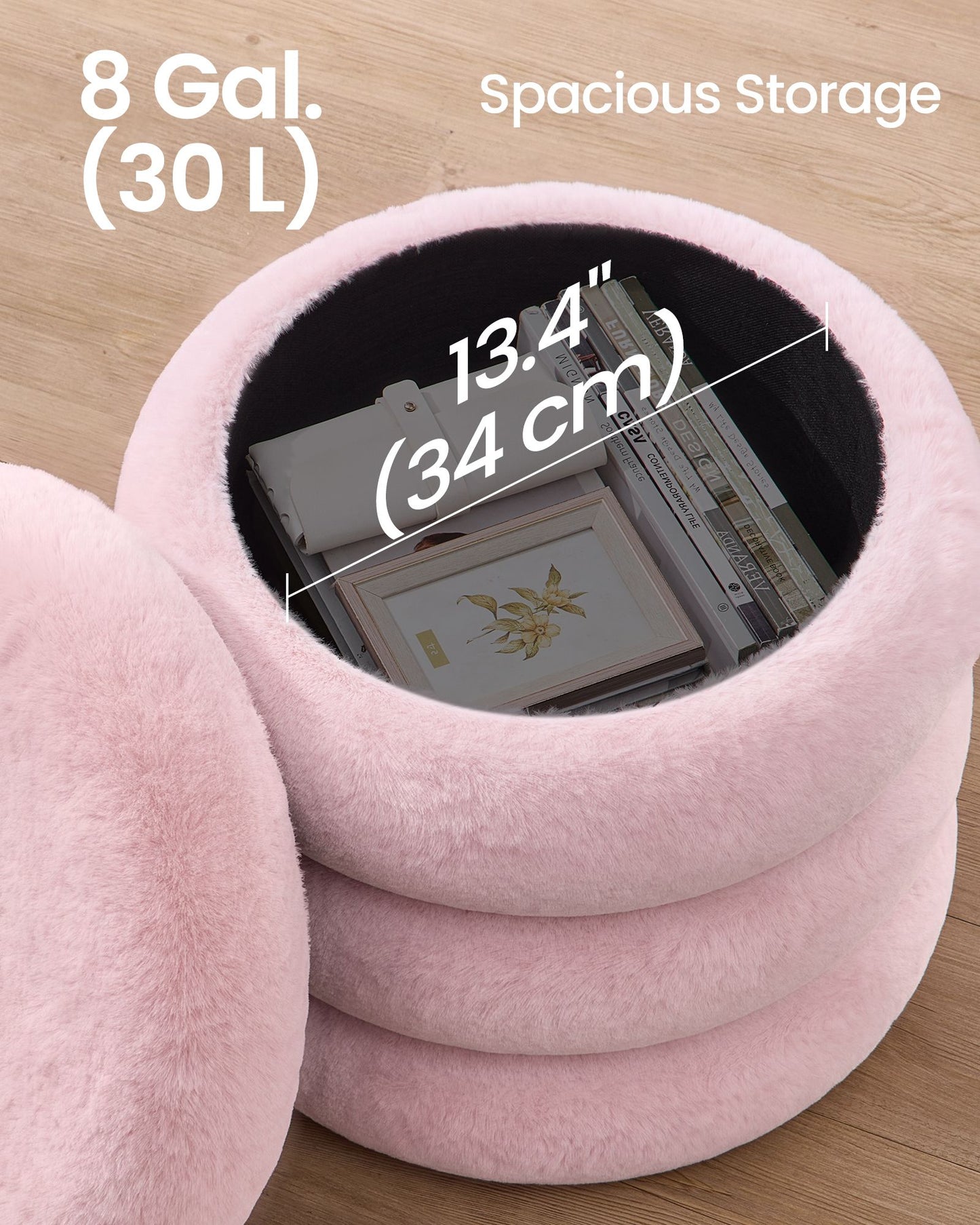 SONGMICS Round Storage Ottoman with Removable Lid Plush Fabric Pink