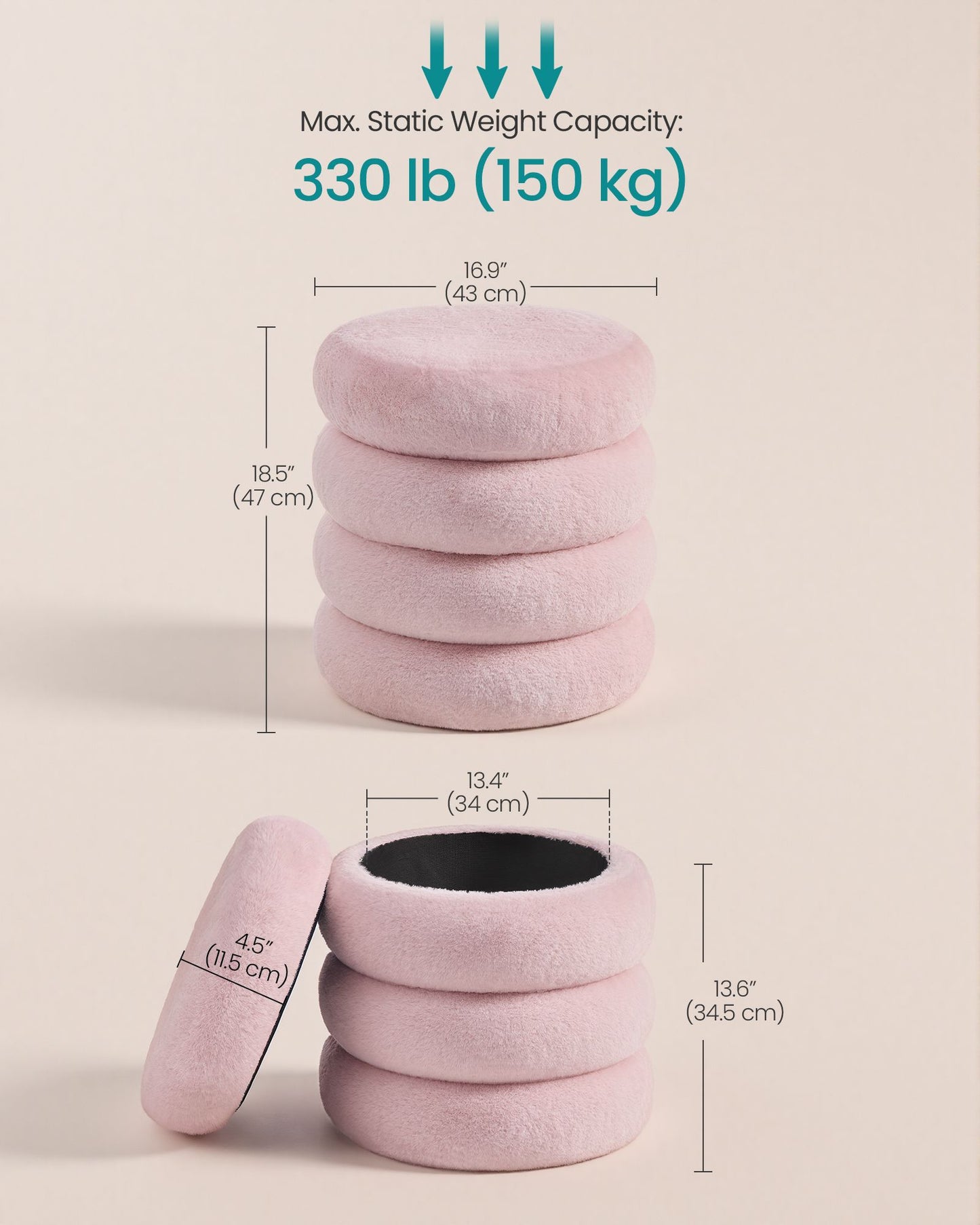 SONGMICS Round Storage Ottoman with Removable Lid Plush Fabric Pink