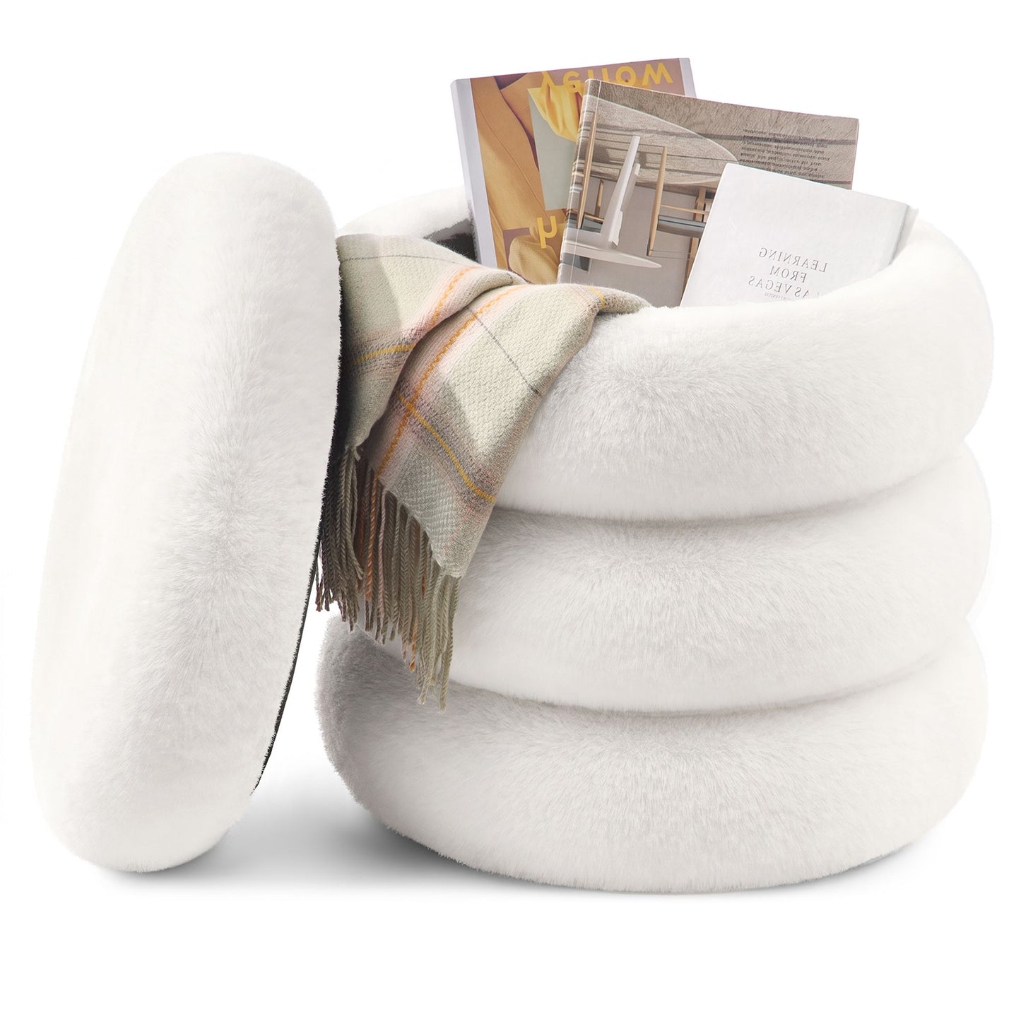 SONGMICS Round Storage Ottoman with Removable Lid Plush Fabric White