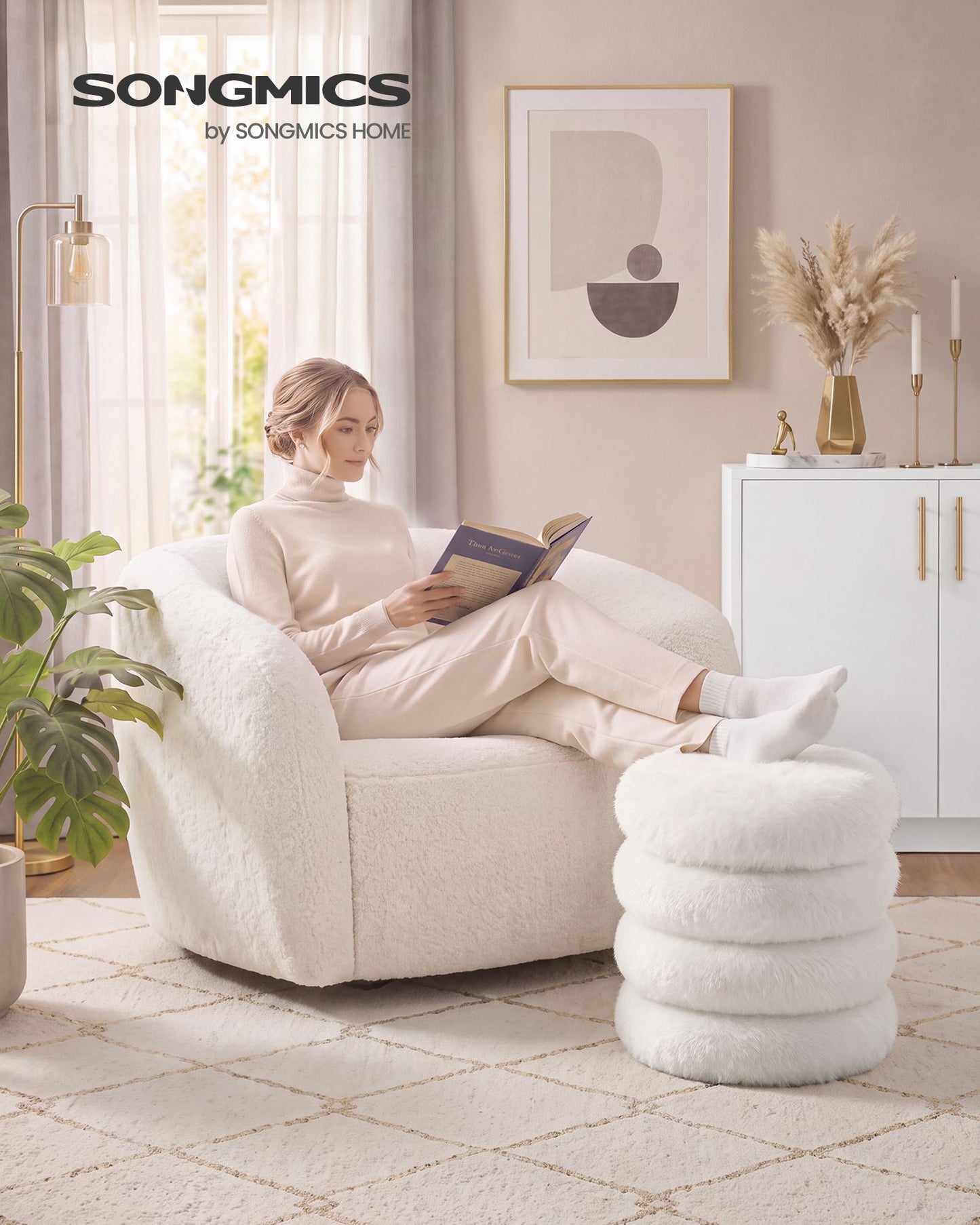 SONGMICS Round Storage Ottoman with Removable Lid Plush Fabric White
