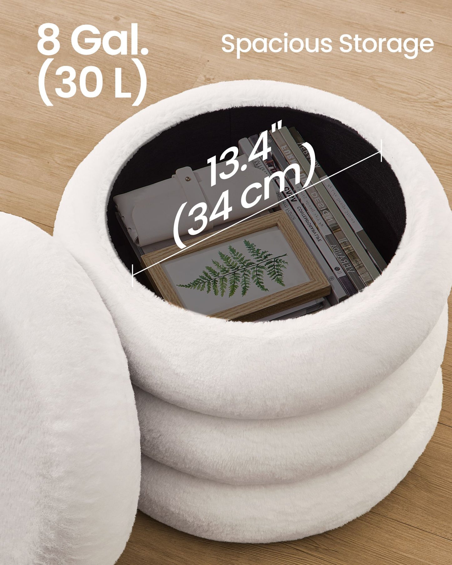 SONGMICS Round Storage Ottoman with Removable Lid Plush Fabric White