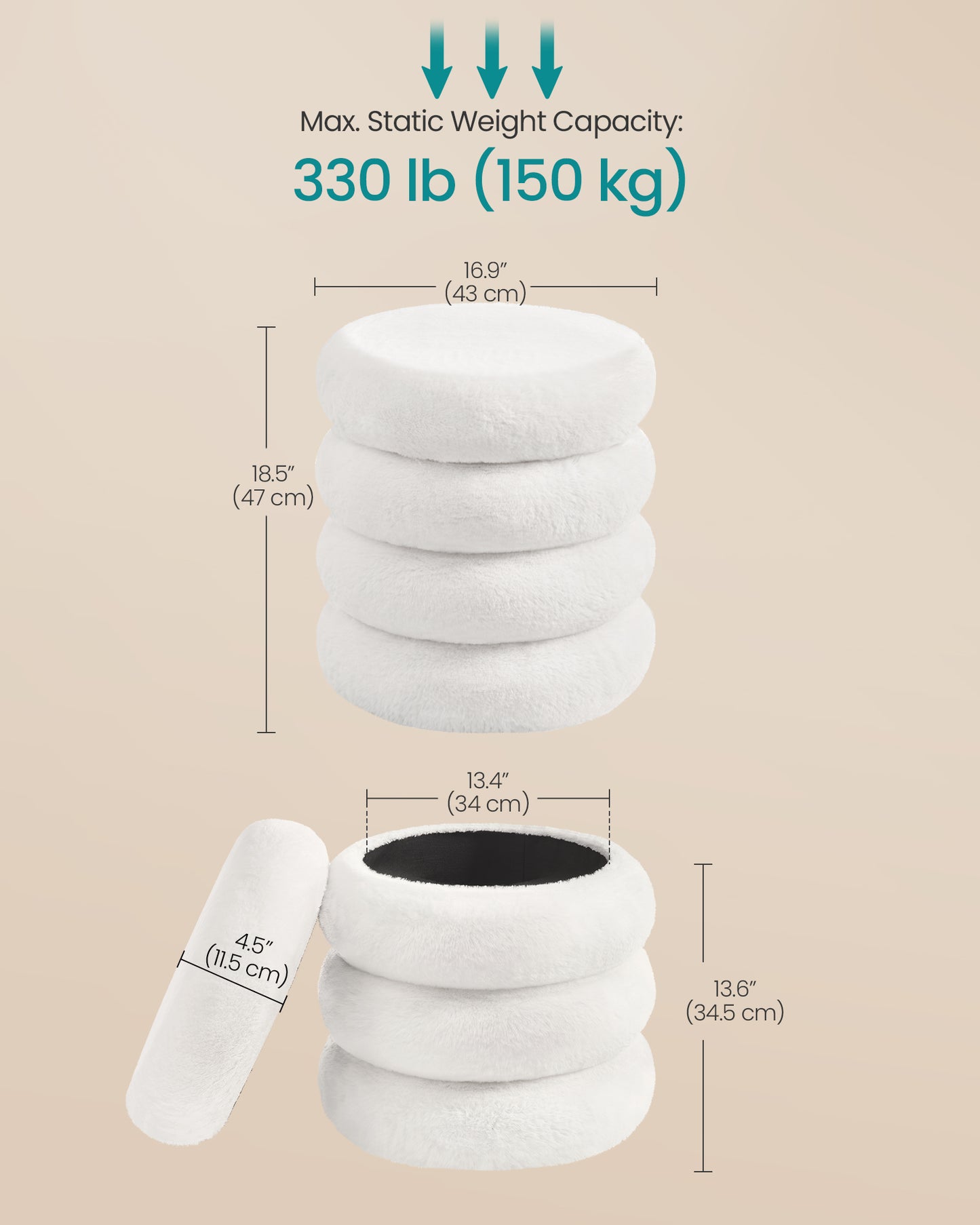 SONGMICS Round Storage Ottoman with Removable Lid Plush Fabric White