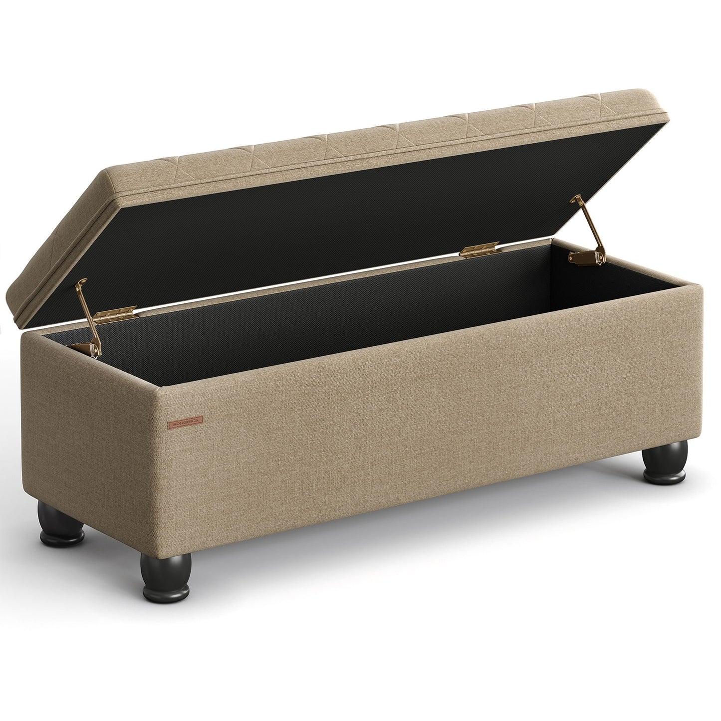 SONGMICS Storage Ottoman, 46.5 Inches Bedroom Bench, Solid Wood Legs Buttons Decoration