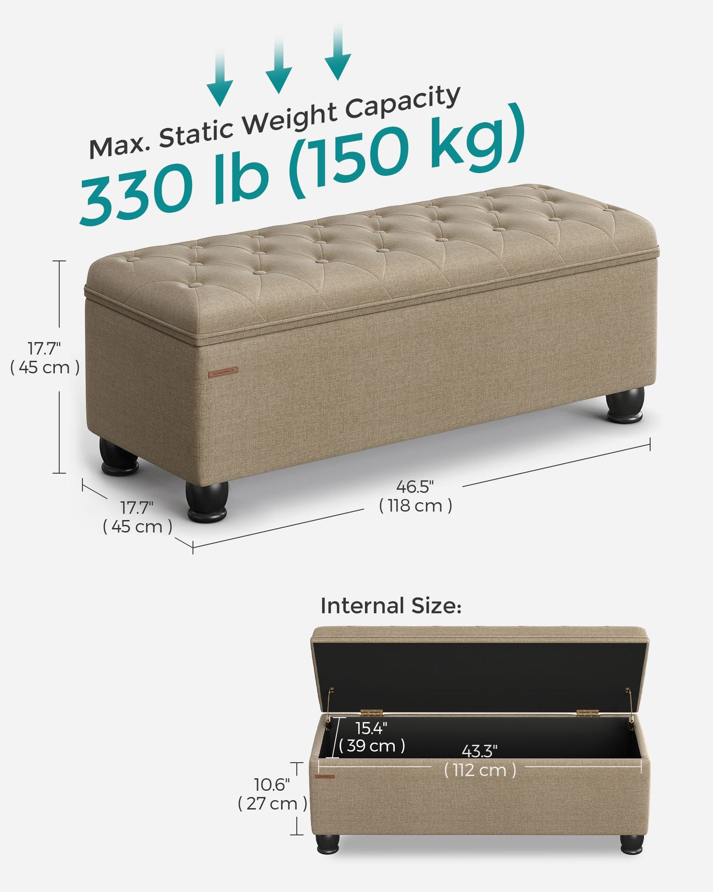 SONGMICS Storage Ottoman, 46.5 Inches Bedroom Bench, Solid Wood Legs Buttons Decoration