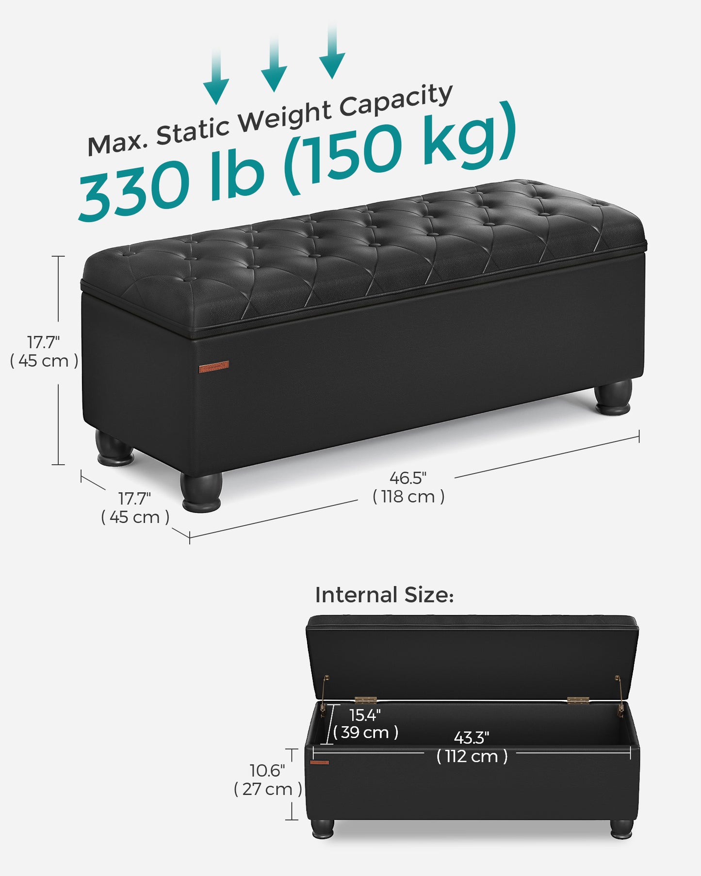 SONGMICS Storage Ottoman, 46.5 Inches Long Bed End Stool, Solid Wood Legs Buttons Decoration | ULOM071B01