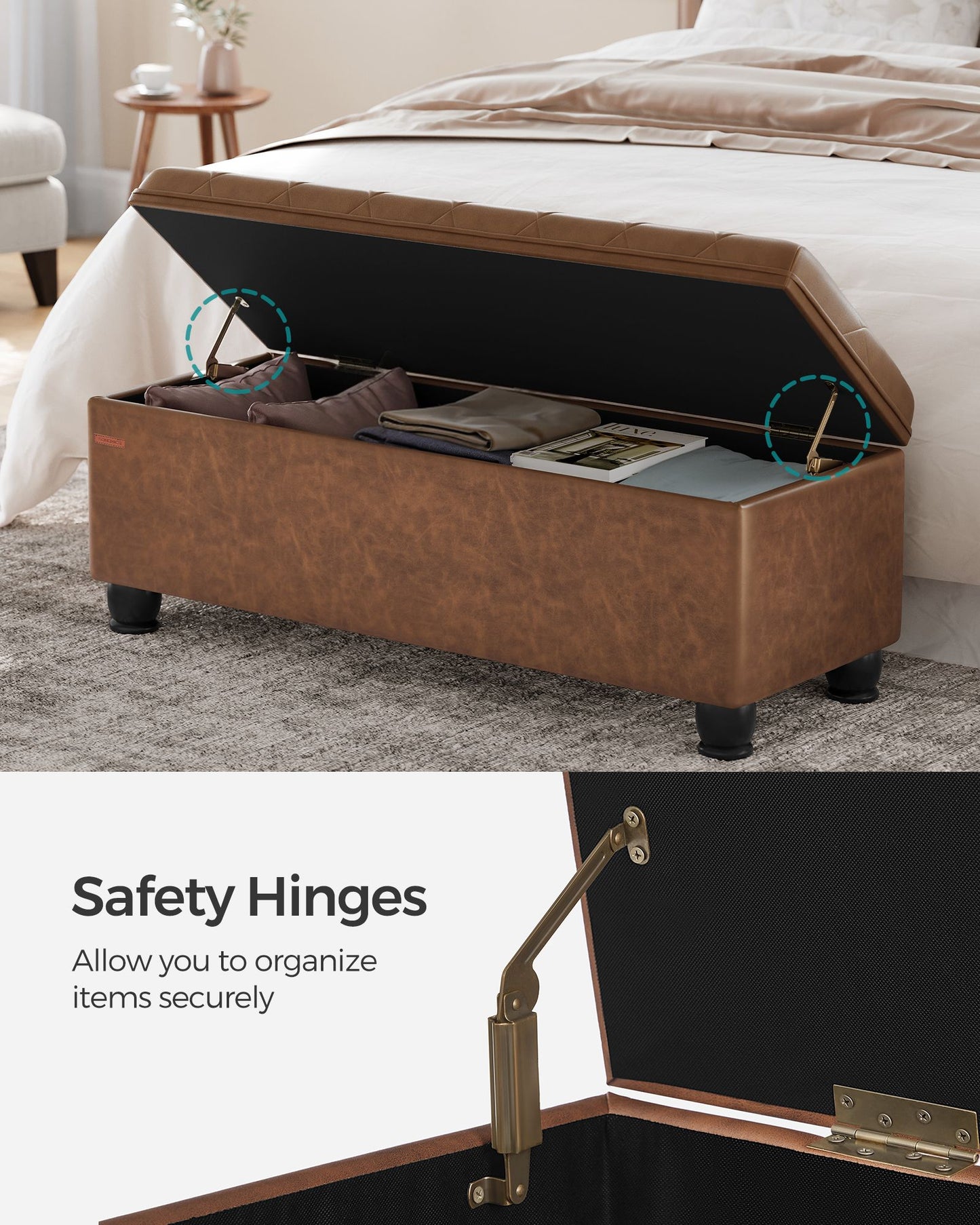 SONGMICS Storage Ottoman, 46.5 Inches Long Bed End Stool, Solid Wood Legs Buttons Decoration | ULOM071K01