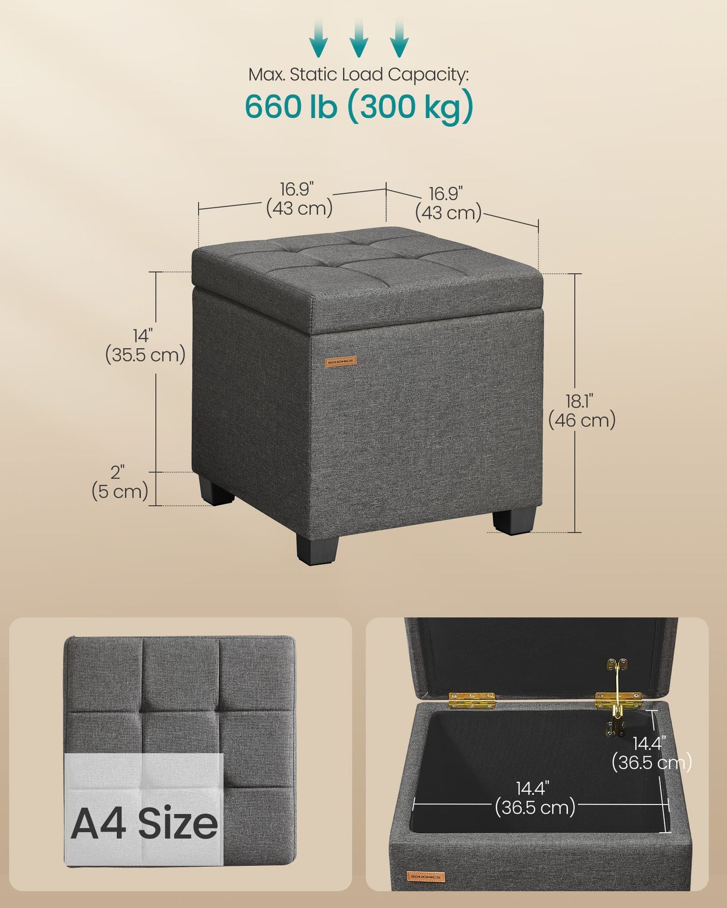 SONGMICS Linen Storage Ottoman with Lid – Slate Gray