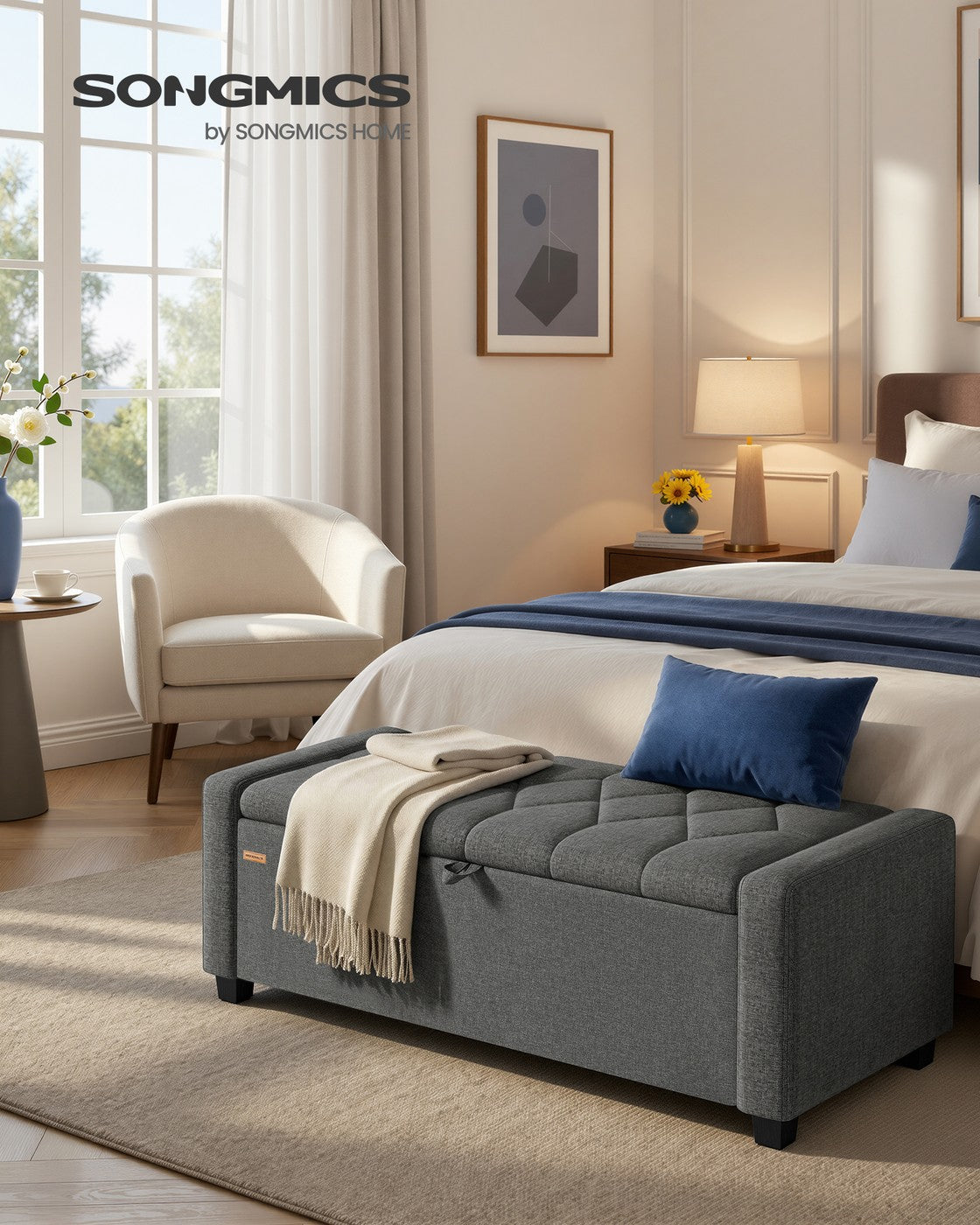 SONGMICS Linen Storage Ottoman Bench – Slate Gray