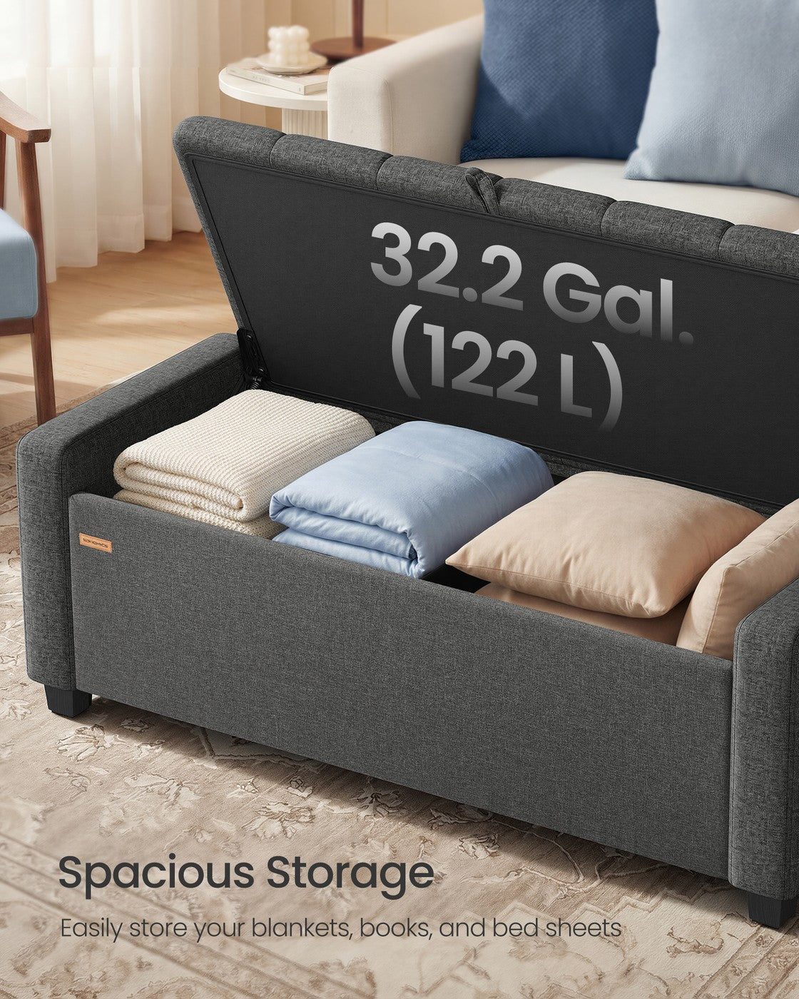 SONGMICS Linen Storage Ottoman Bench – Slate Gray