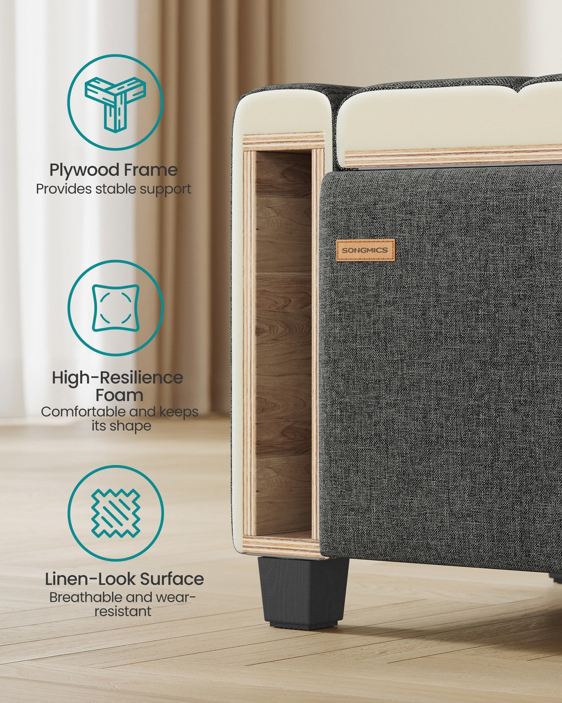 SONGMICS Linen Storage Ottoman Bench – Slate Gray