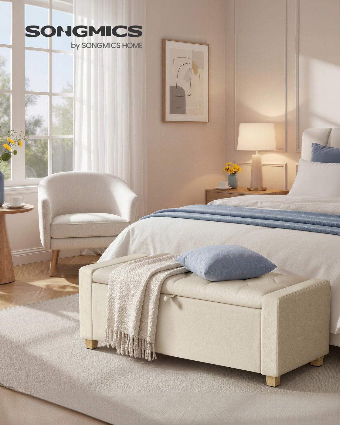 SONGMICS Linen Storage Ottoman Bench – Summer Sand
