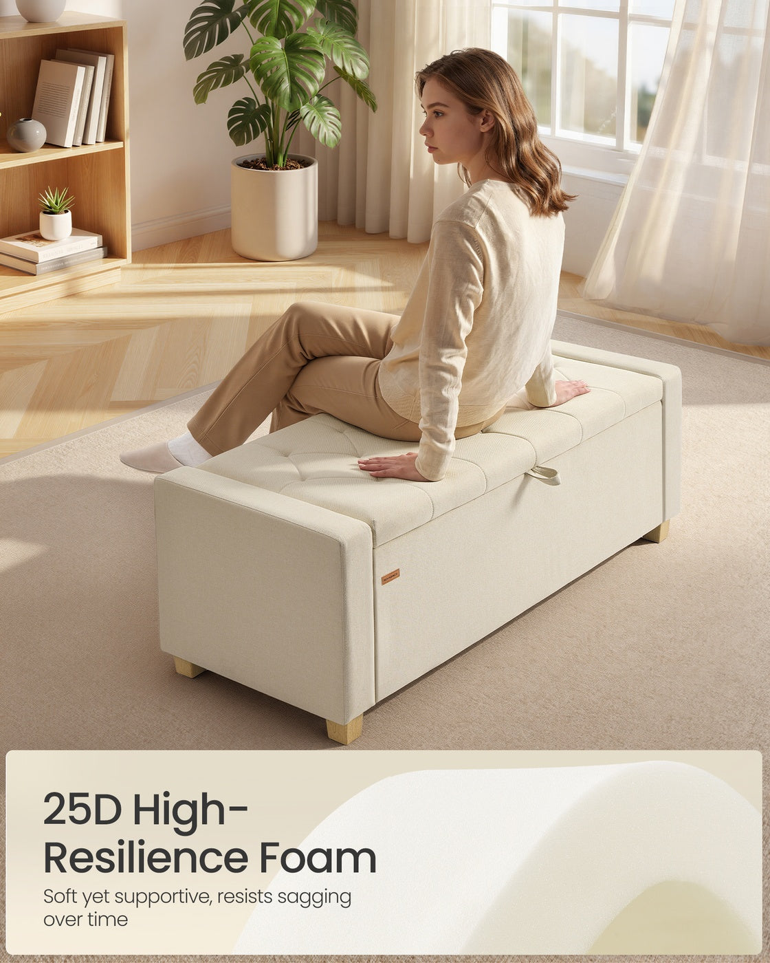 SONGMICS Linen Storage Ottoman Bench – Summer Sand