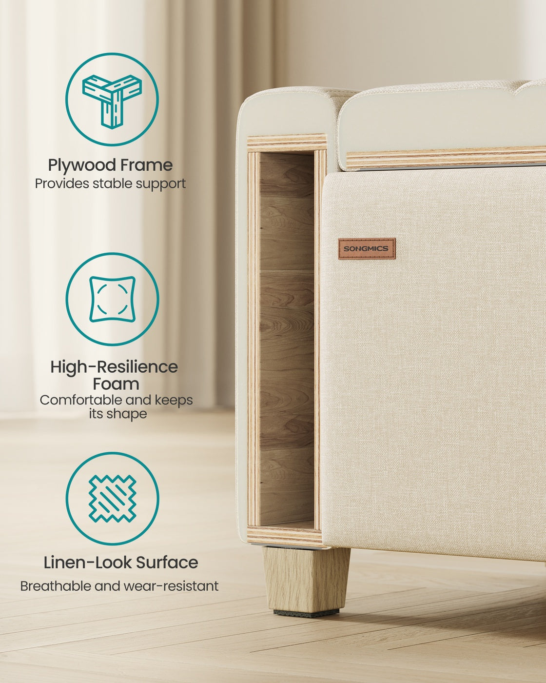 SONGMICS Linen Storage Ottoman Bench – Summer Sand