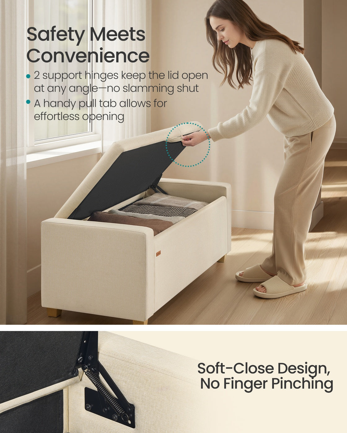 SONGMICS Linen Storage Ottoman Bench – Summer Sand