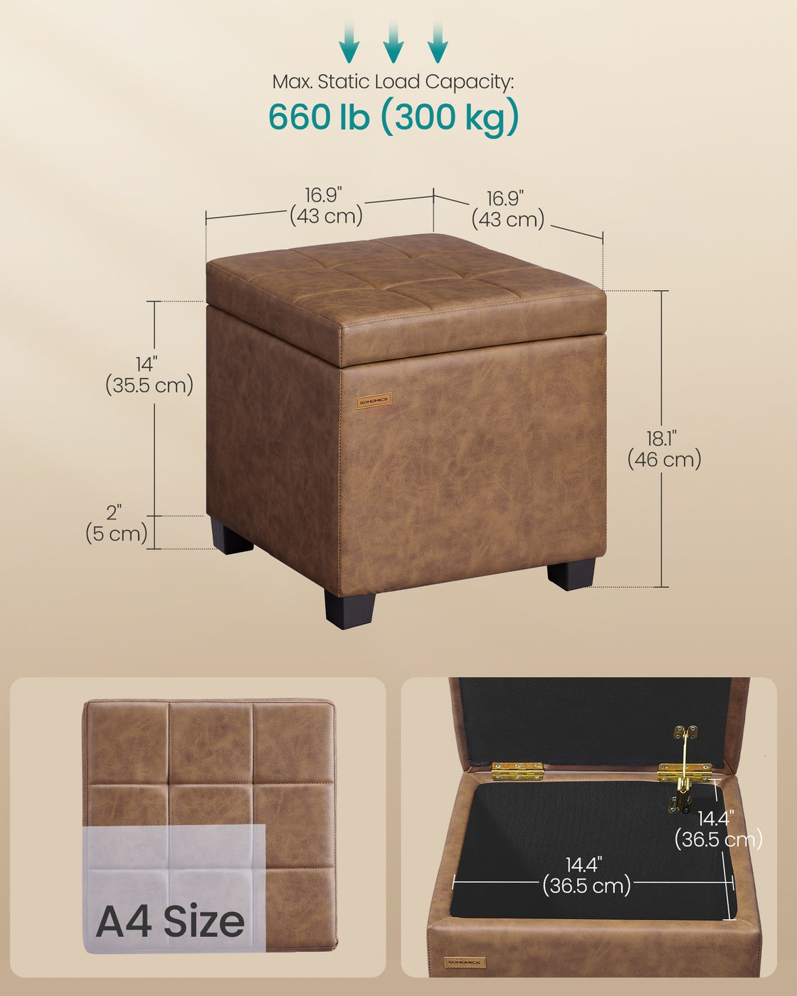 SONGMICS Square Storage Ottoman with Hinged Lid – Coffee Brown