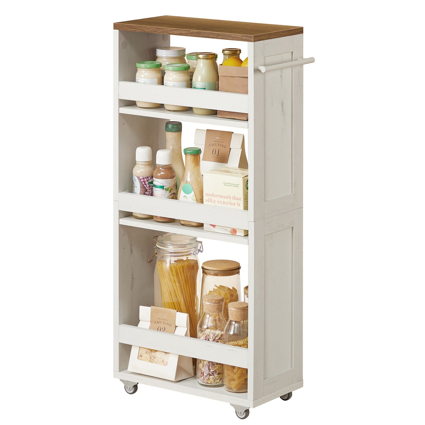 VASAGLE White and Tan Four Tier Slim Rolling Storage Cart – Rustic White, Honey Brown