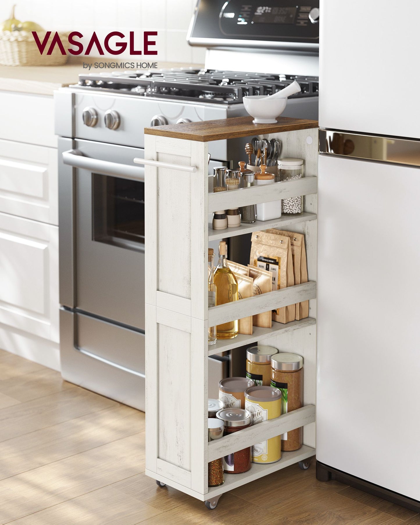 VASAGLE White and Tan Four Tier Slim Rolling Storage Cart – Rustic White, Honey Brown