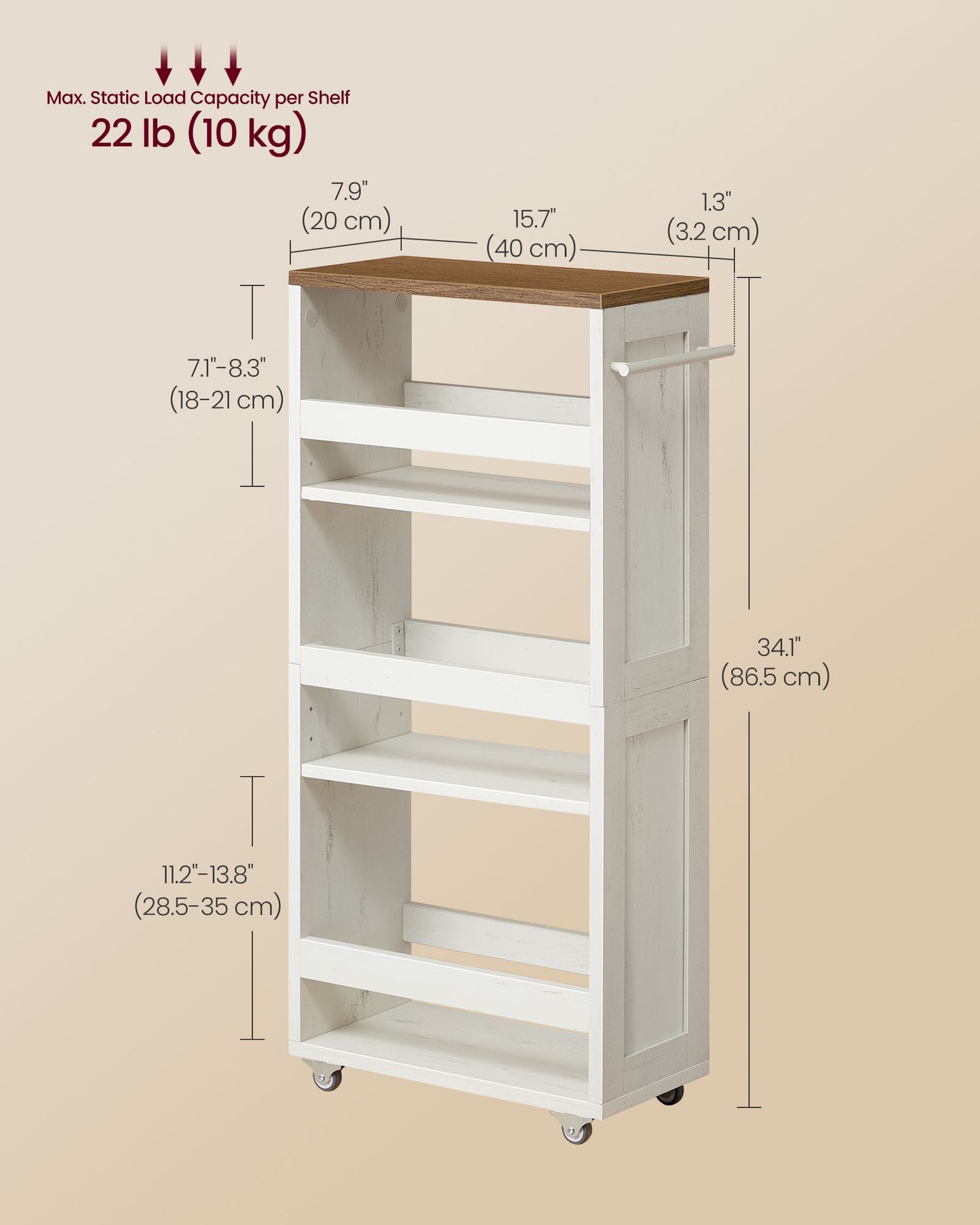 VASAGLE White and Tan Four Tier Slim Rolling Storage Cart – Rustic White, Honey Brown