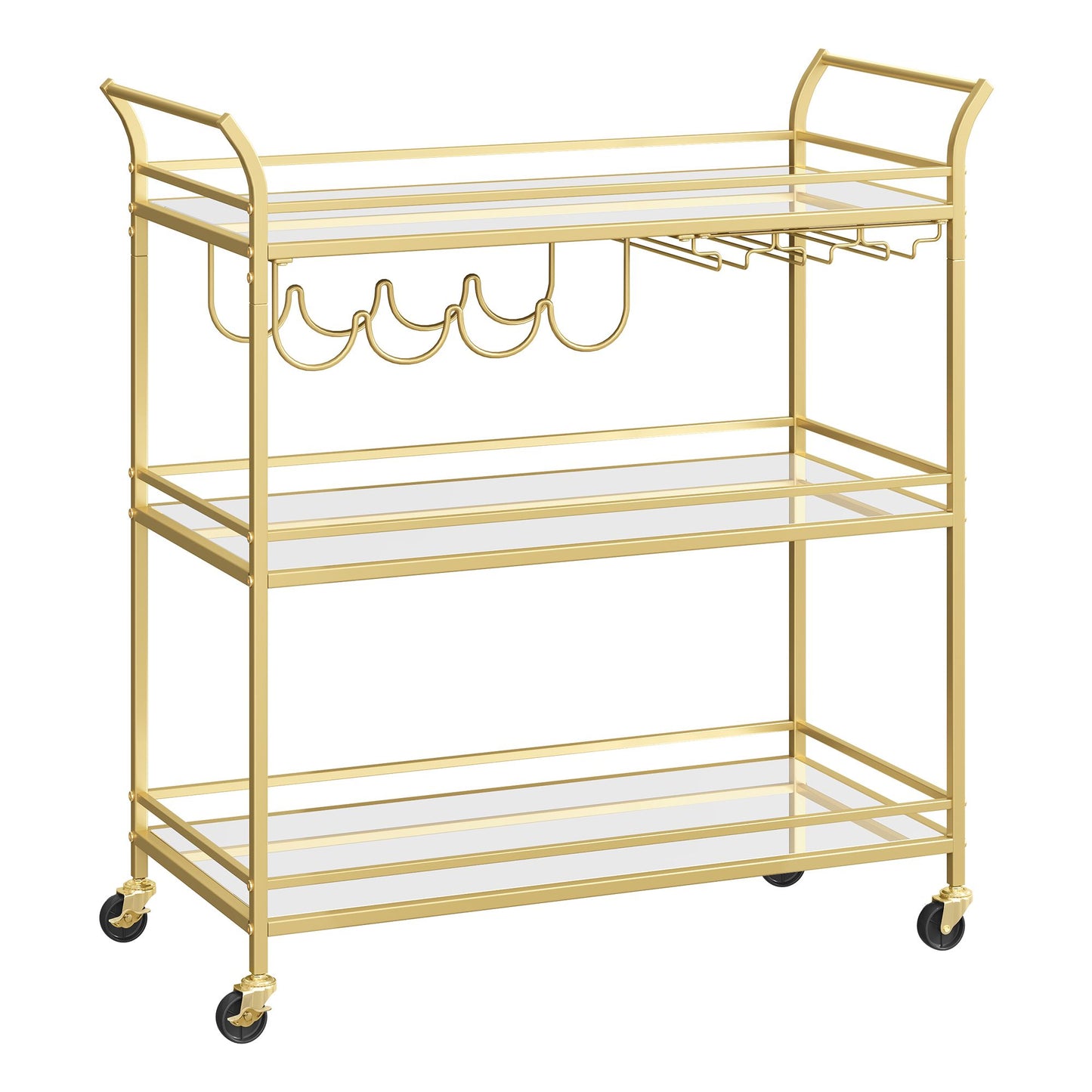 VASAGLE Bar Cart Gold, Large Home Bar Serving Cart with 3-Tier Mirrored Shelf, Wine Holders