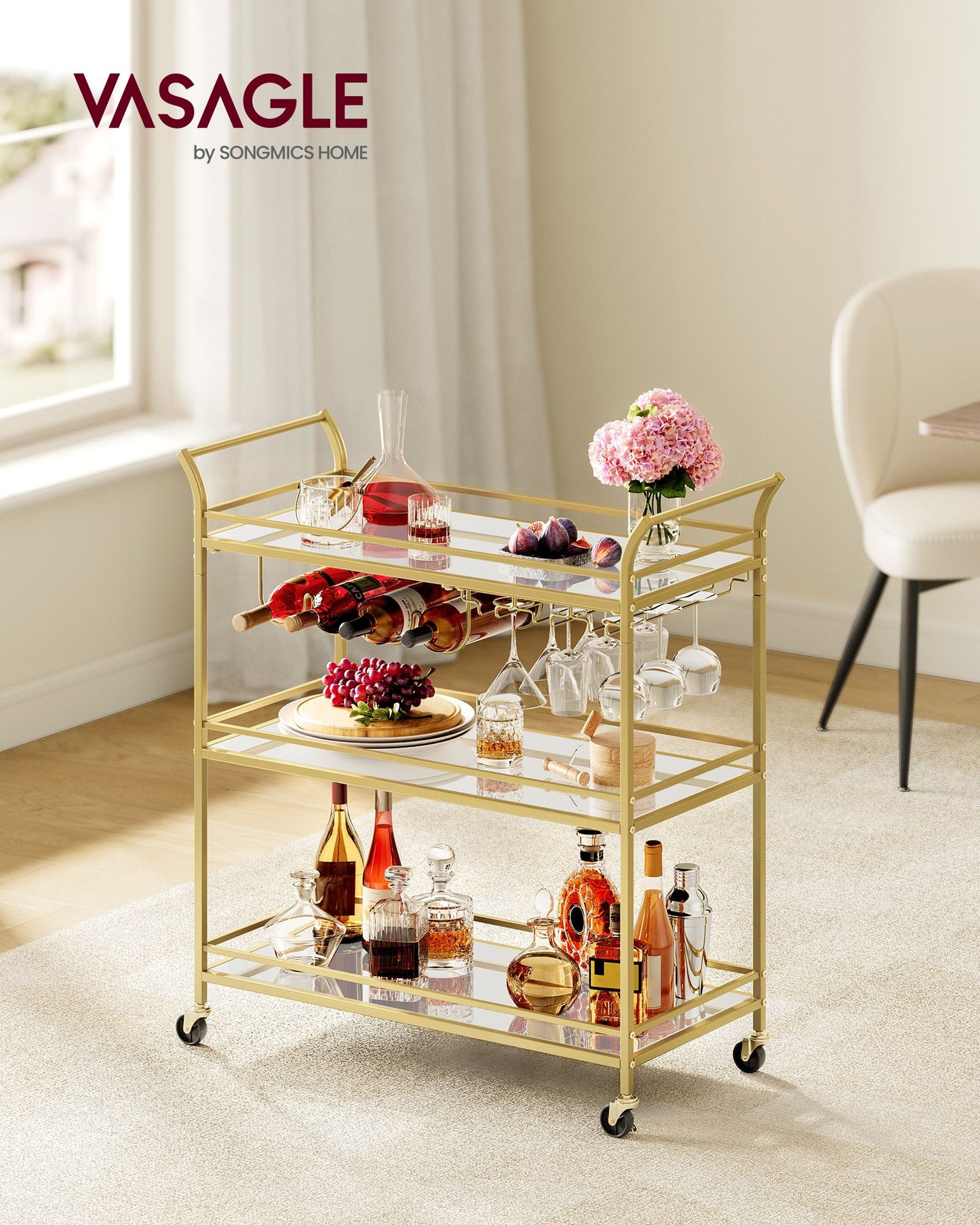 VASAGLE Bar Cart Gold, Large Home Bar Serving Cart with 3-Tier Mirrored Shelf, Wine Holders